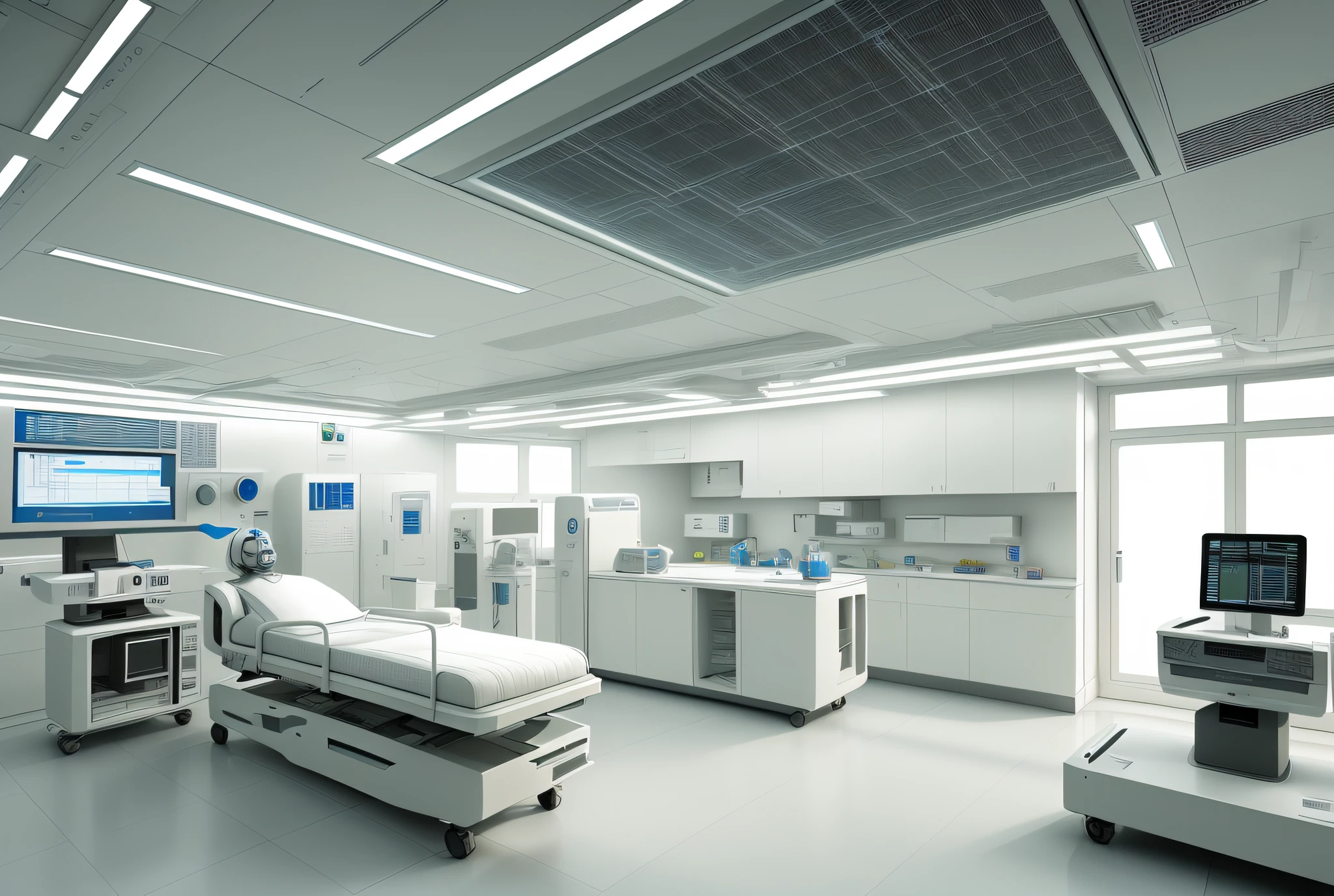architecture design in the interior of an operating room, with people, realistic, artificial intelligence, futuristic