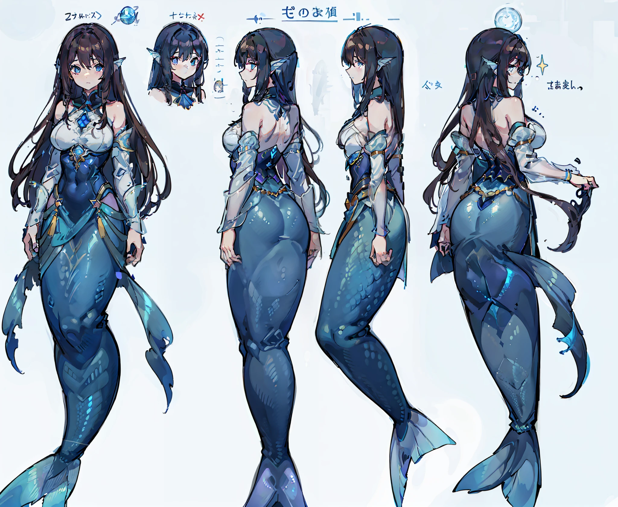 1girl, reference sheet, (mermaid character design, front, back, side) feminine. dark brown hair, blue eyes. mage outfit, ancient runes on clothing. lean athletic build. neatly kept, long hair. half fish. beautiful, shimmering blue tail, covered in scales. Large chest, endowed breasts.