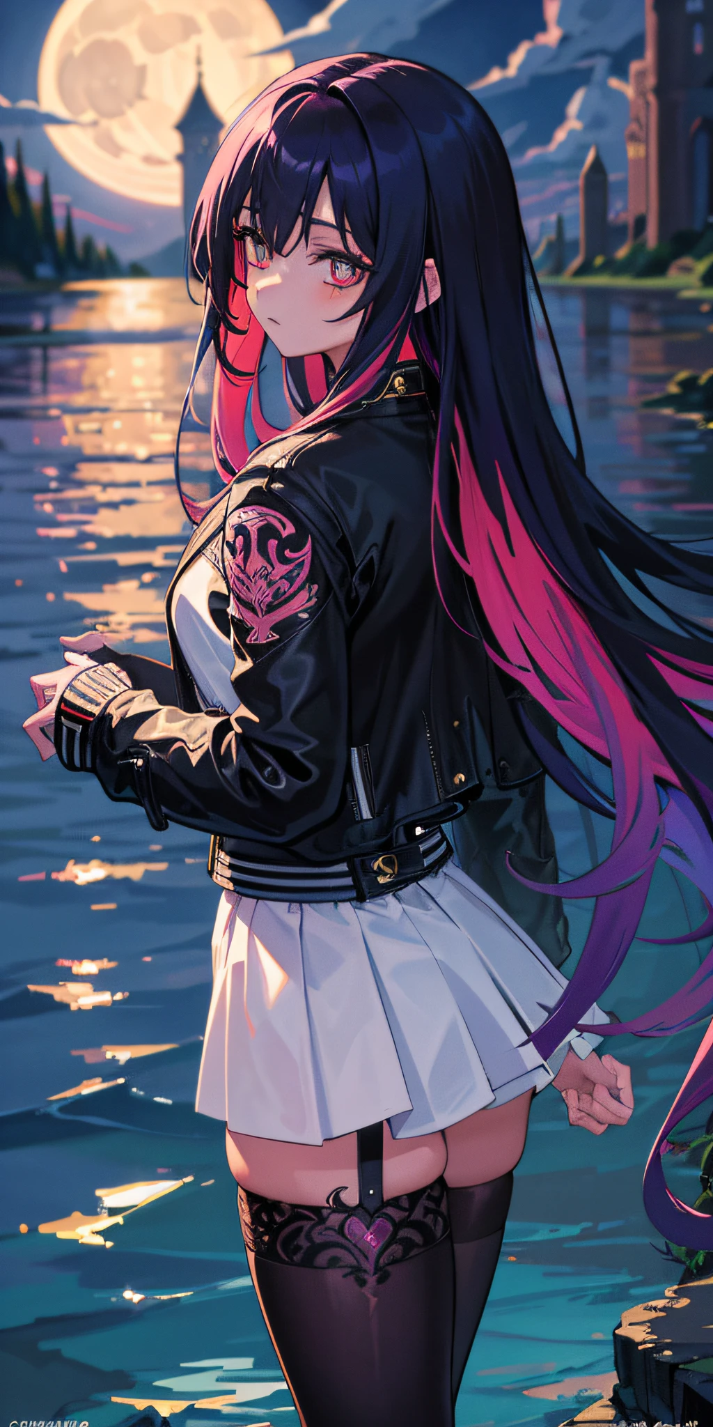 (masterpiece, best quality), 1girl, emo, beautiful hair, colorful hair, intricate jacket, stockings, magical tattoos, perfect night, moonlight, water