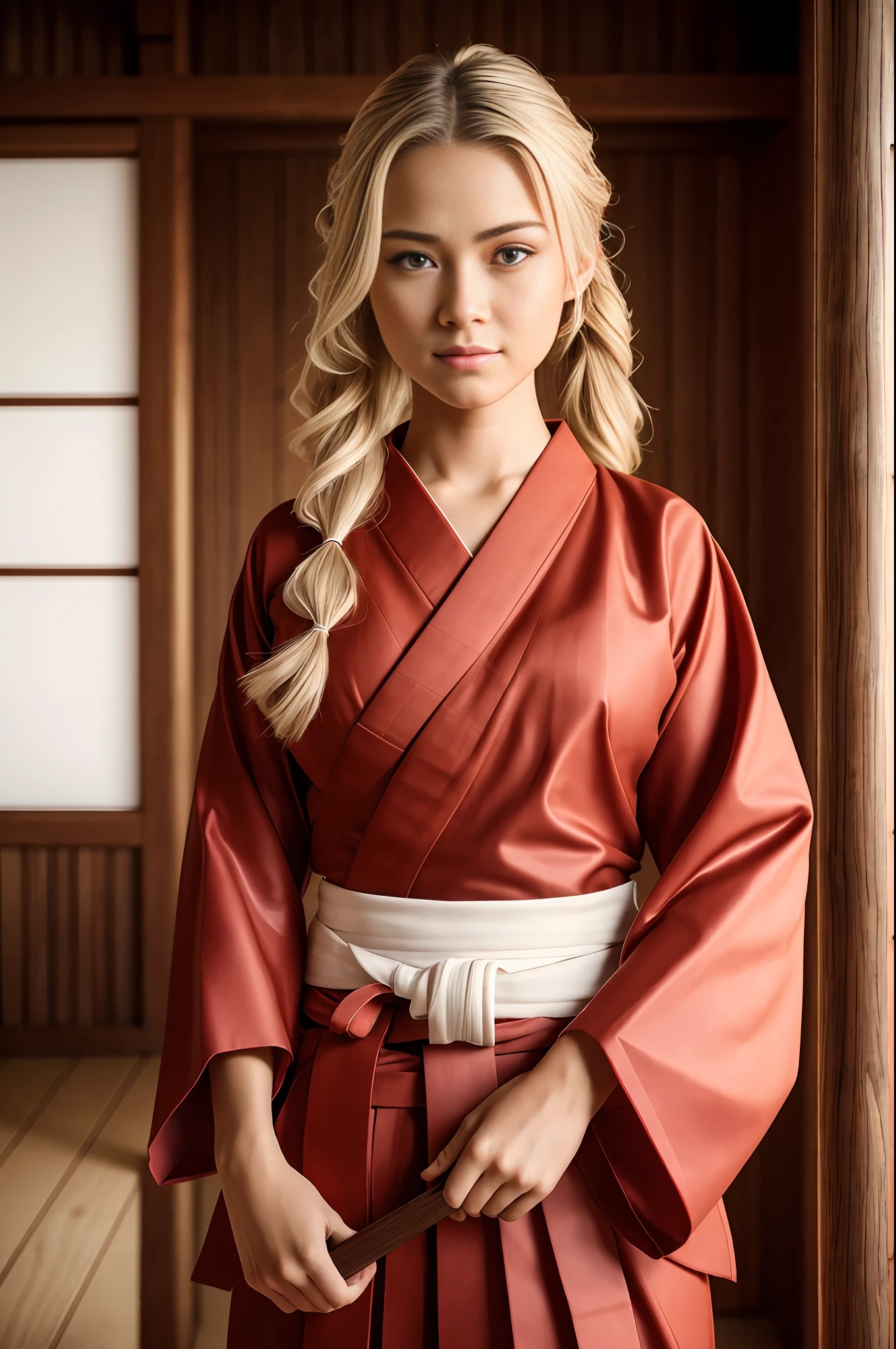 absurdres, RAW photo, highest quality, (masterpiece: 1.3), high detail RAW color photo, professional photo, extremely detailed CG 8k wallpaper unit, photo-realistic, realistic, RAW photo, masterpiece, best quality, highres,
1girl, 19 YEARS old, white, blonde hair, wavy, Average length, random hairstyle, athletic body, thin legs, perfect beautiful face, beautiful light brown realistic eyes, fair skin, detailed skin texture, very small natural breasts. Serious. She looks amazing. (Keikogi red samurai, red hakama, simple design). In a wooden dojo.