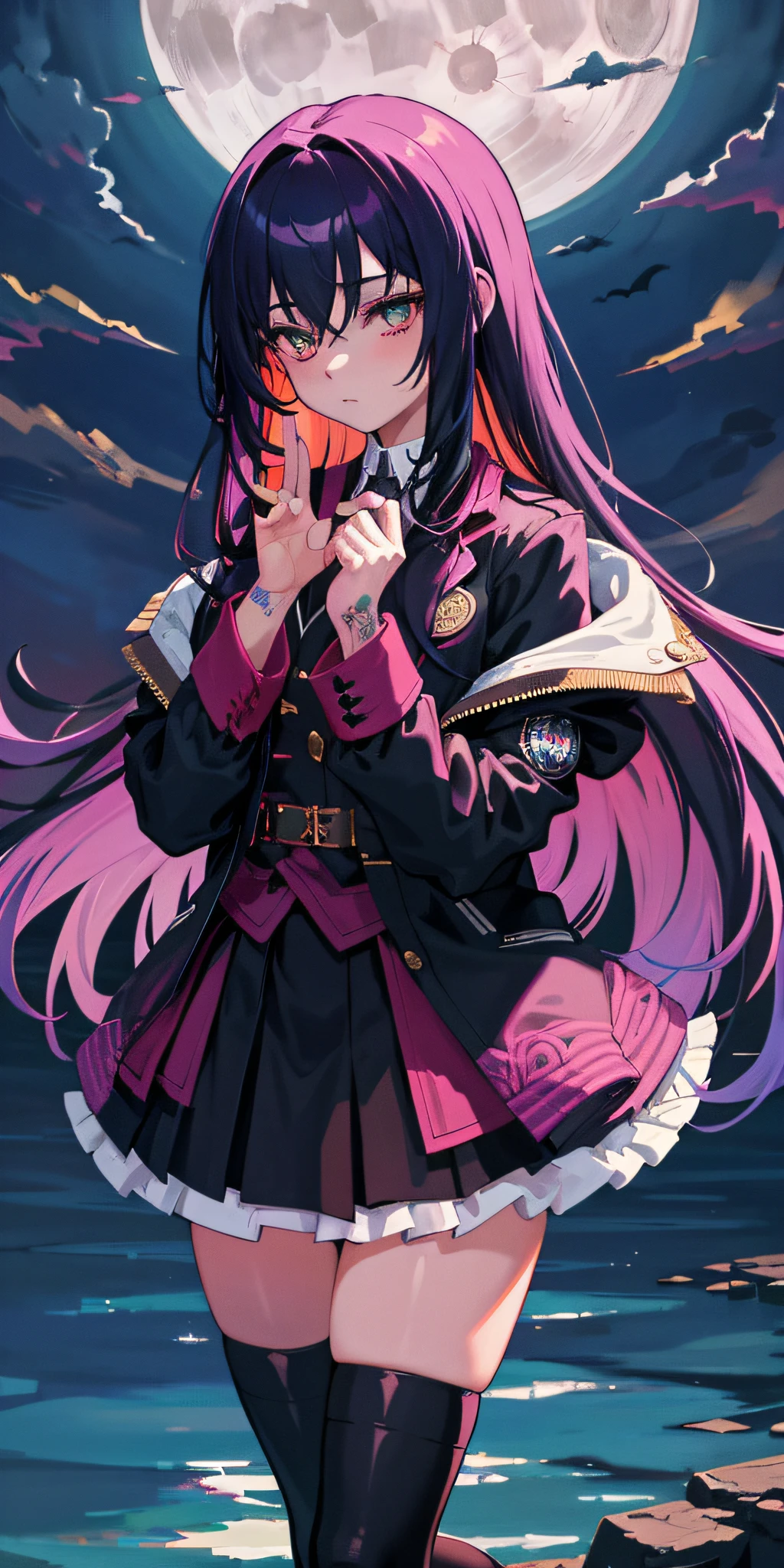 (masterpiece, best quality), 1girl, emo, beautiful hair, colorful hair, intricate jacket, stockings, magical tattoos, perfect night, moonlight, water