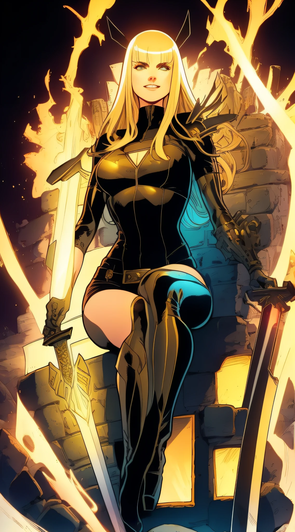 magik smiling sitting on a throne, the soul sword is at her side, in the style of campbell, campbell style, jsc, solo, 1girl