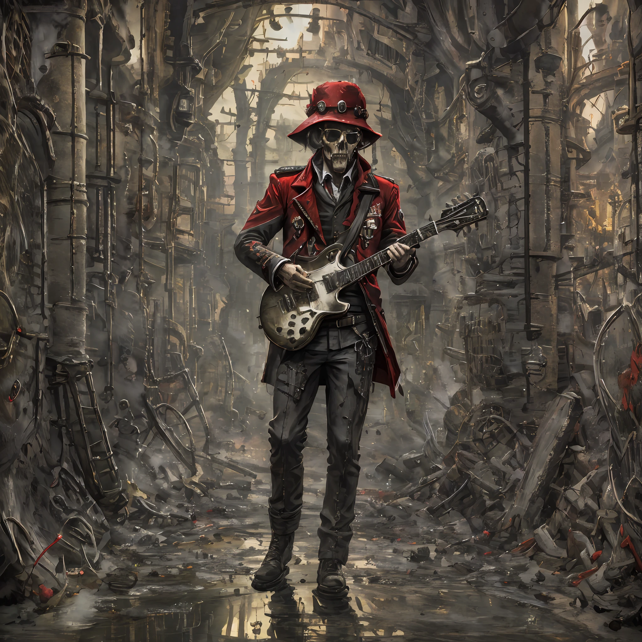 Imagine a soldier in an English red coat, playing Gibson guitar, in the middle of various skulls and bones, smokes, ultra detailed image, textures, reflections, depth, realistic image, dark environment, red light, cinematic scene --auto --s2