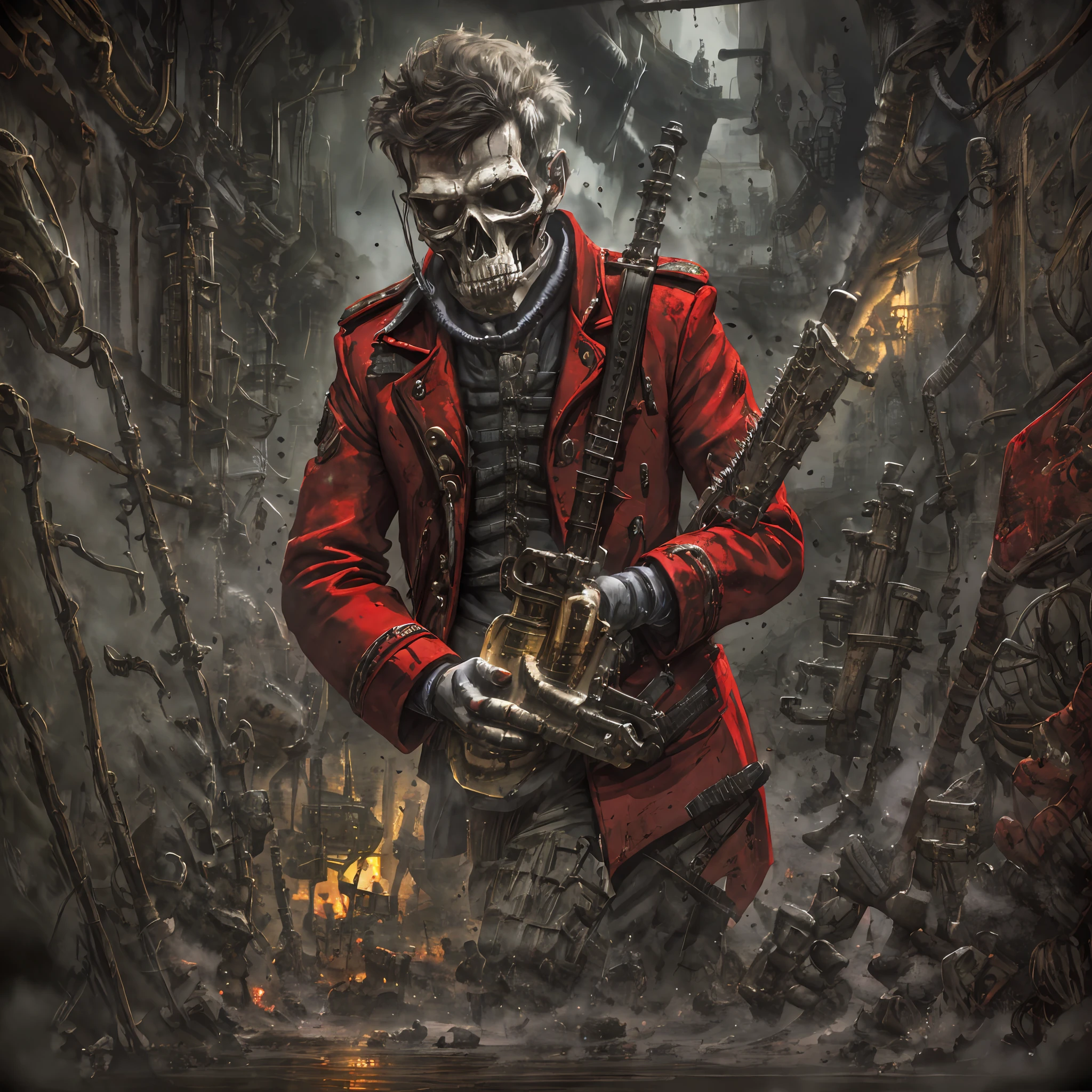 Imagine a soldier in an English red coat, playing Gibson guitar, in the middle of various skulls and bones, smokes, ultra detailed image, textures, reflections, depth, realistic image, dark environment, red light, cinematic scene --auto --s2