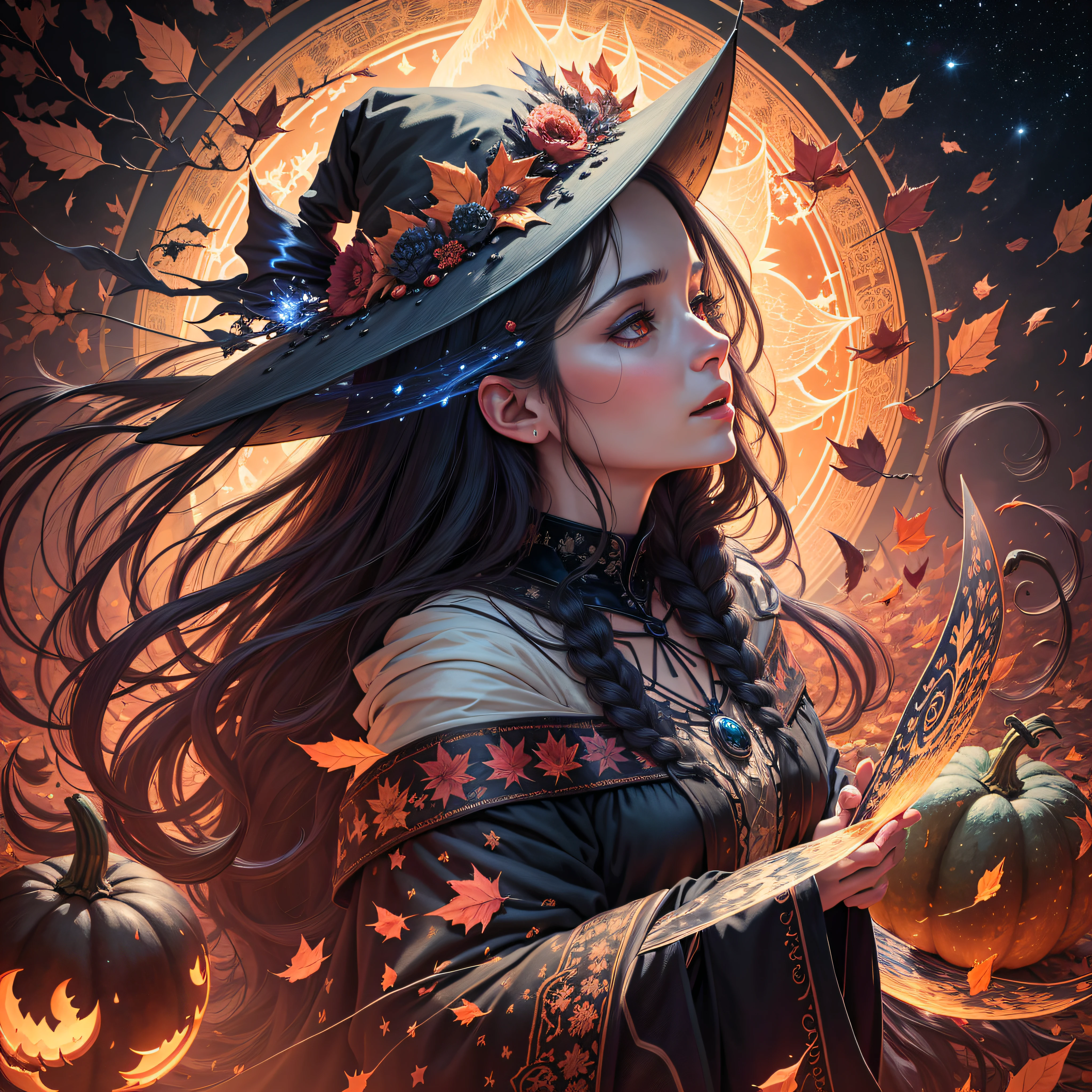 "Season of the Witch": A depiction of a witch with flowing robes, surrounded by vibrant autumn leaves, pumpkins, and a moonlit sky, capturing the essence of the witch's connection to the changing seasons, Ultra realism, color field printing, high detail, UHD, 8k, anatomically correct, cinematic lighting 4d quality --auto --s2