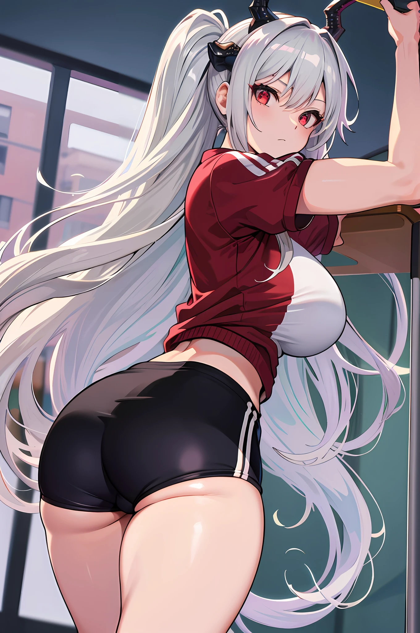 masterpiece, best quality, high_resolution, fine details, very detailed and beautiful, distinct_image, 1 girl, solo, silver-haired, red eyes, dragon horns, (huge breasts), (),(from top),curvy,classroom,(gym clothes)),