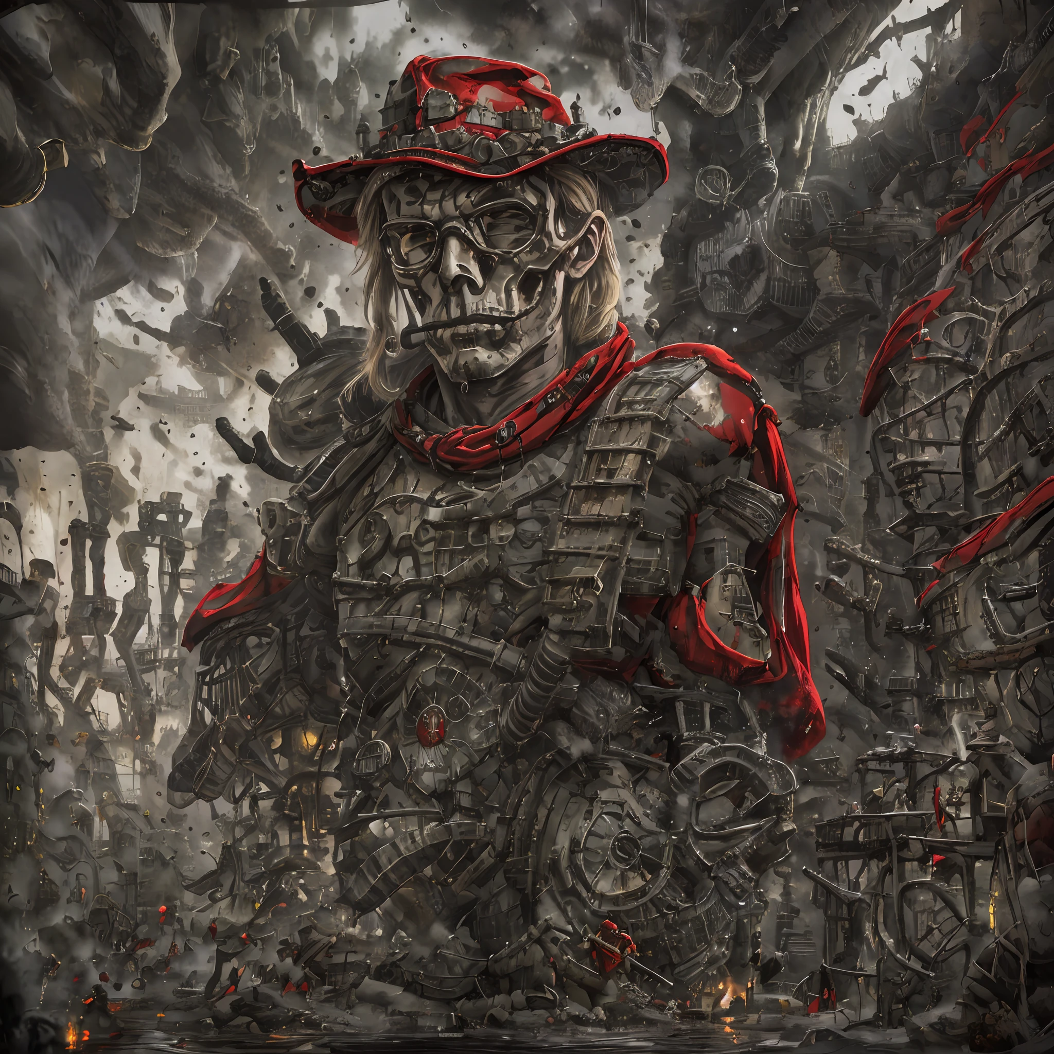 Imagine a soldier in an English red coat, playing Gibson guitar, in the middle of various skulls and bones, smokes, ultra detailed image, textures, reflections, depth, realistic image, dark environment, red light, cinematic scene --auto --s2