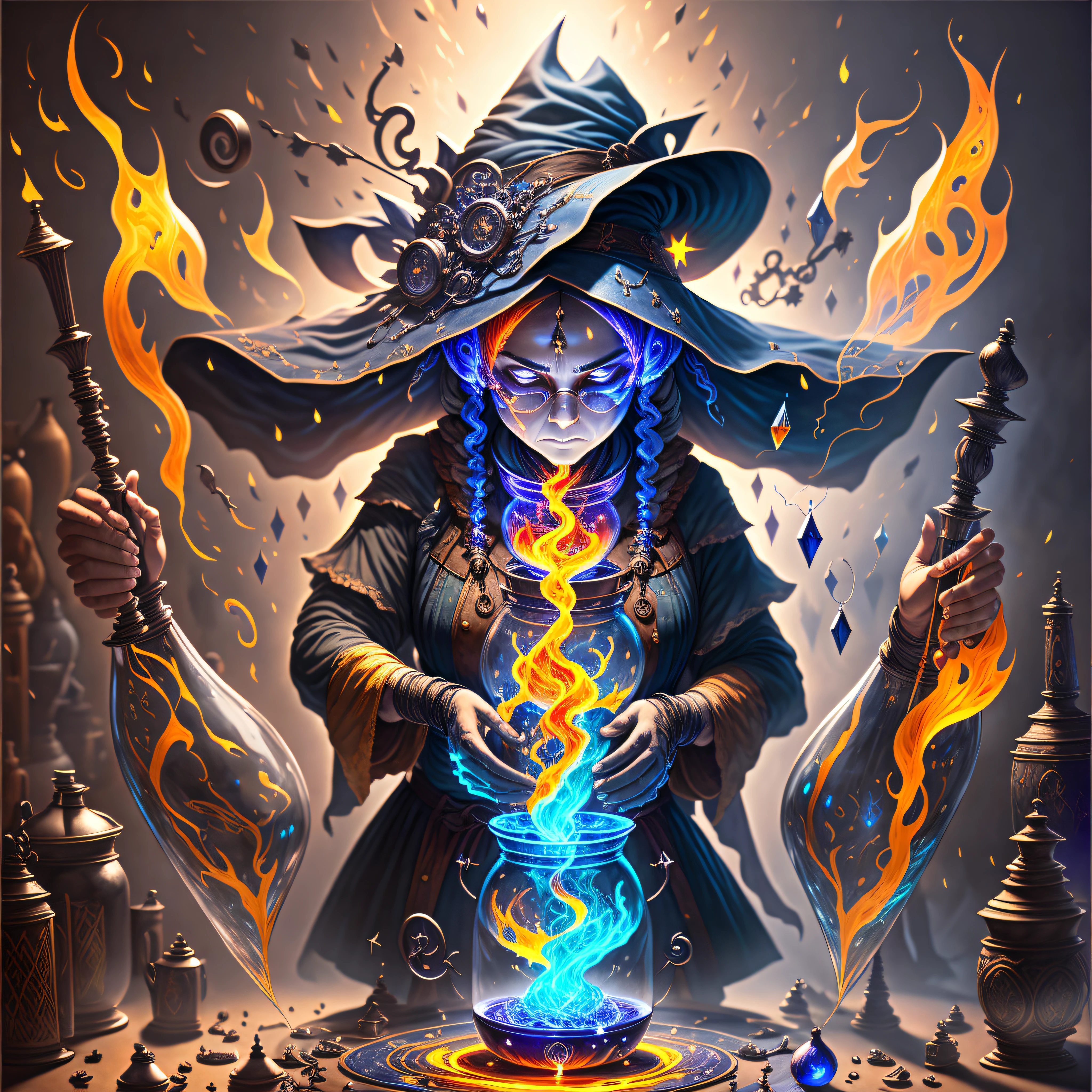 "Witchy Alchemy": An image showcasing a witch in the midst of an alchemical process, pouring liquids between glass vessels, with colorful reactions and sparks, symbolizing her mastery of transformative magic, Ultra realism, color field printing, high detail, UHD, 8k, anatomically correct, cinematic lighting 4d quality --auto --s2