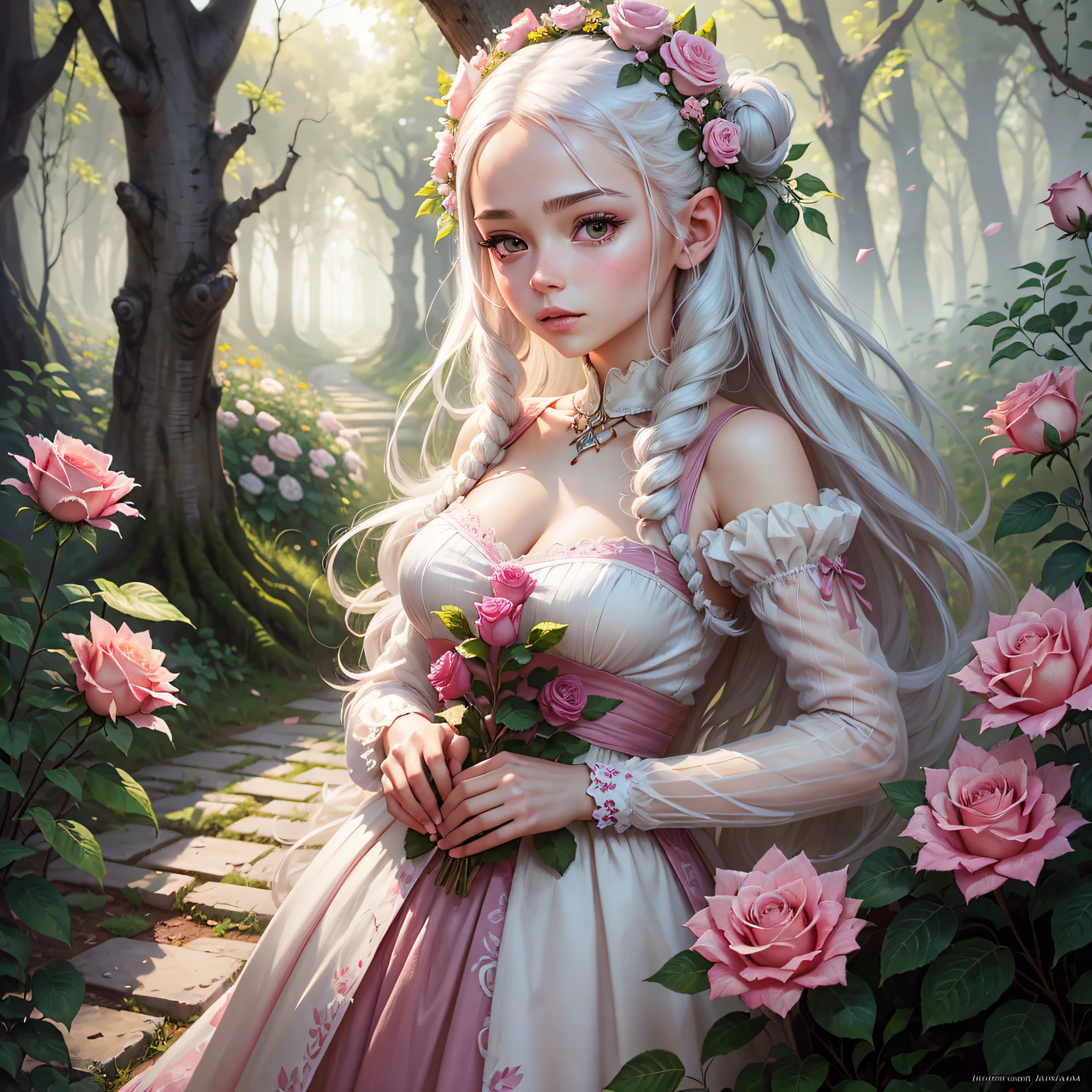Create a character to create various movements: Girl with white hair and pink flowers all over her body and in her hair, white dress with pink details.strolling in frebte to a house in the woods, a garden of uam house with flowers, trees and Fairies, Goblins and Gnomes beautiful digital art, beautiful maiden, beautiful digital painting, beautiful fantasy maiden, beautiful digital art, very beautiful digital art, a beautiful art illustration, beautiful digital illustration, roses in your hair, beautiful uhd 4k art, beautiful digital art, ross tran 8 k, beautiful fancy art, rose crown, transparent background --auto --s2
