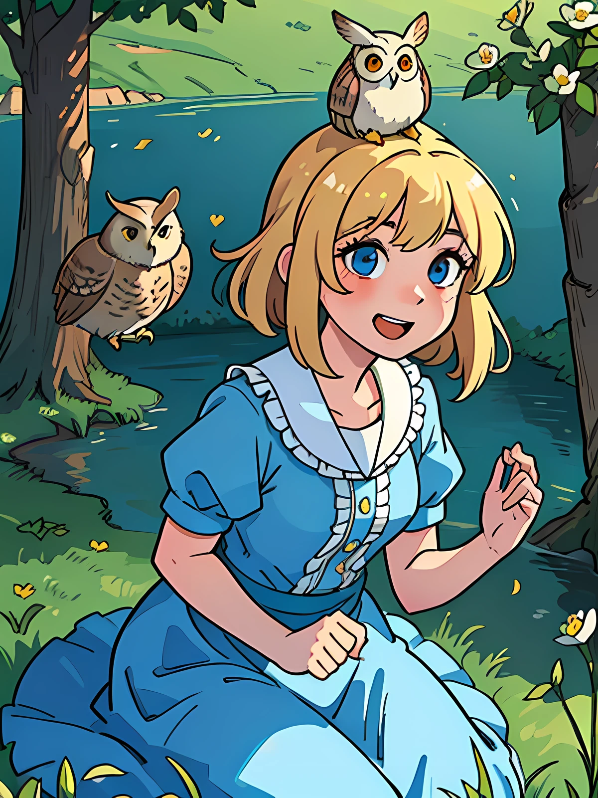 Best quality, Masterpiece: 1.3, well-adjusted portrait, 8k, motion effects, rendering of natural lighting, light and shadow, happy expressions, corrected illustration rendering, flawless, blonde girl, medium haired, alice costume of wonderland, jumping, with a rabbit on her head, owl on the trees watching, flowering field, and a beautiful lake