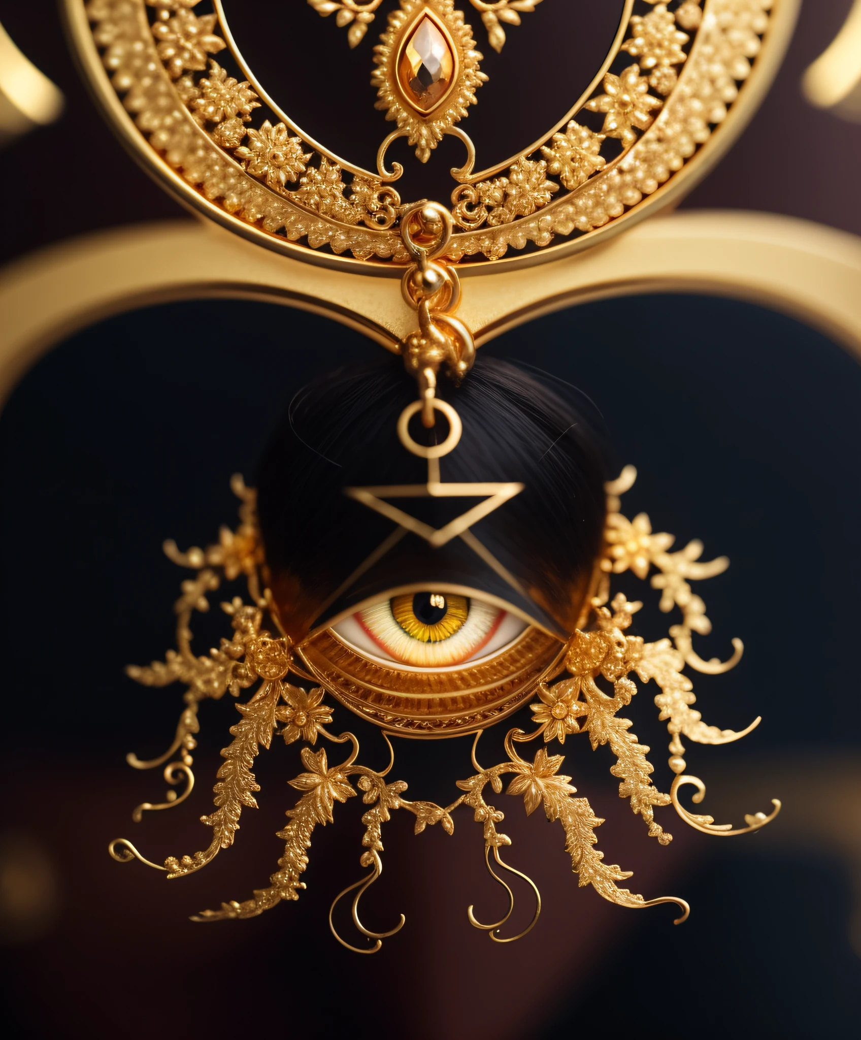 there is a gold clock with a gold decoration on it, close up shot of an amulet, the eye of providence, closeup portrait shot, india third eye tika, by Hedi Xandt, india tika third eye, luxurious ornate golden jewelry, intricate 8 k detail, superb detail 8 k masterpiece, intricate ornament halo, gold ornate jewely
