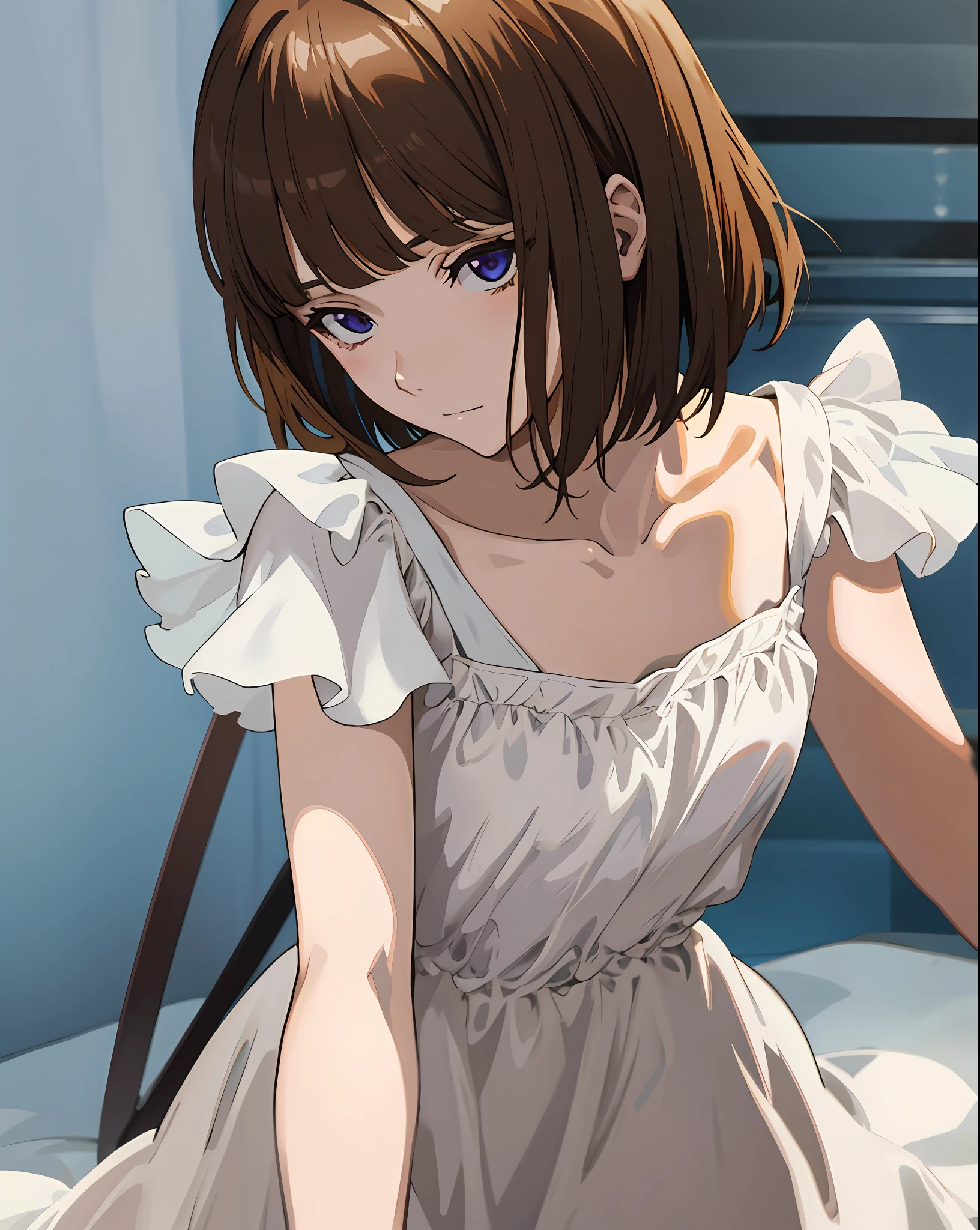 1 girl, brown hair, short hair, brunette, white dress, high quality
