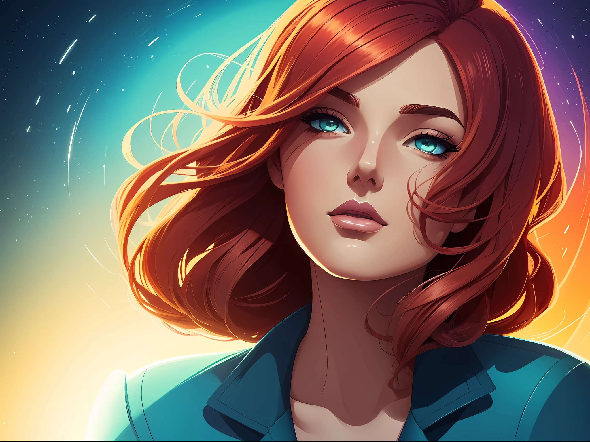 a digital illustration of a woman's face, influenced by the style of Lois van Baarle (Loish), portraying a balance between realism and stylization. The art form showcases intricate linework and vibrant colors. The color temperature is a mix of cool and warm tones, creating a harmonious contrast. The facial expression is full of emotion, conveying a story and inviting viewers to connect. The lighting is dynamic, casting dramatic shadows and adding depth to the illustration. The atmosphere is a blend of whimsy and introspection