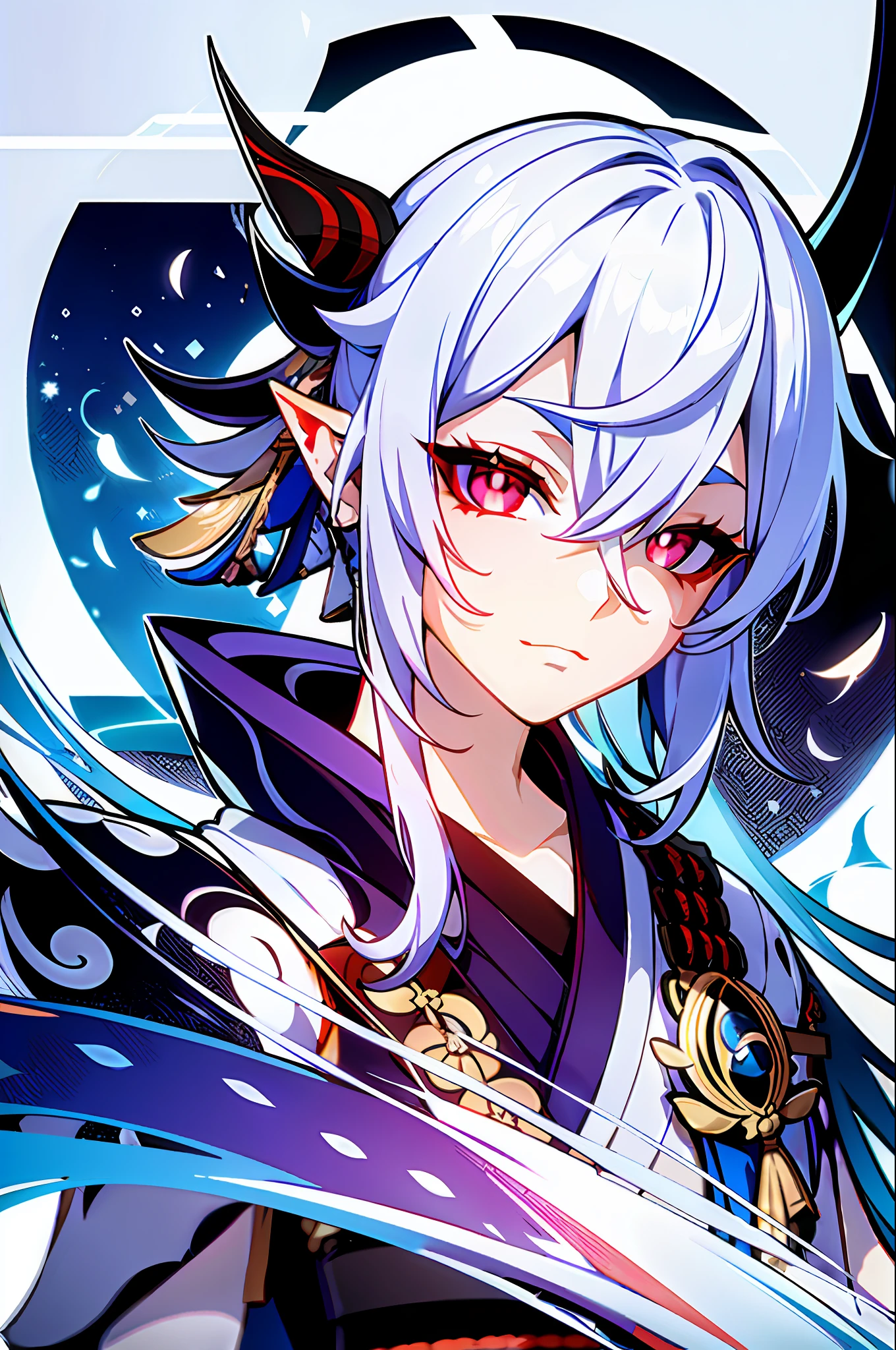 masterpiece, best quality, 1guy, solo, upper body, genshin impact, 1man, branch, red eyes, white kimono, one-arm kimono, albino, oni horns, long hair, white hair, snake eyes, straight hair, long hair, forehead, straight hair, looking at viewer, traditional kimono, long kimono, military outfit, red eyes, snake eyes, slit pupils, determined, pale, blue kimono, pointed ears, regal, blue eyeshadow, serious face, solo, dynamic pose,  genshin