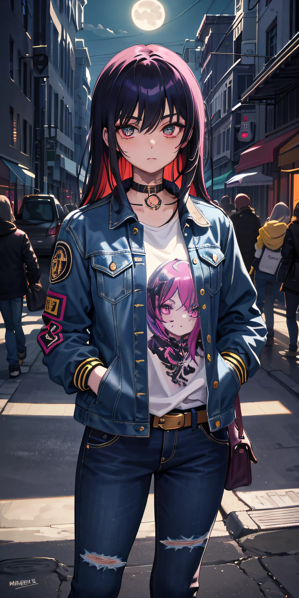 (masterpiece, best quality), 1girl, emo, beautiful hair, colorful hair, intricate jacket, jeans, magical tattoos, perfect night, moonlight, street