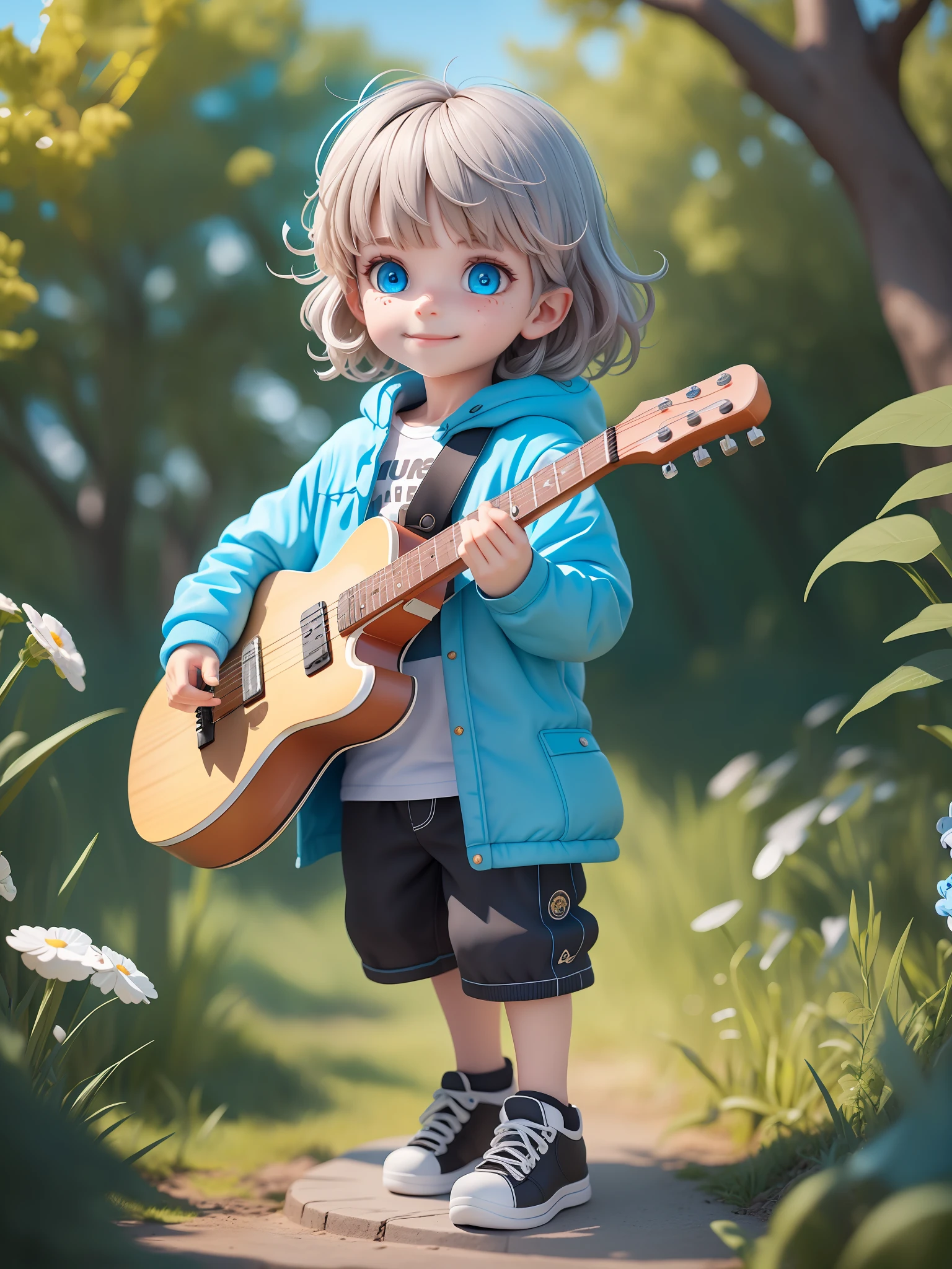 (masterpiece), (best quality), (super detailed), (full body: 1.2), 1 boy, chibi, cute, smiling, mouth closed, looking down, looking here, outdoors, playing electric guitar, music, holding guitar, blush seal, tree, 3, jacket, shirt, long bangs that go up to the eyes, messy hair, long sideburns, gray hair, light blue eyes, glowing eyes, (beautiful detailed face), ( Beautiful detailed eyes), blur.