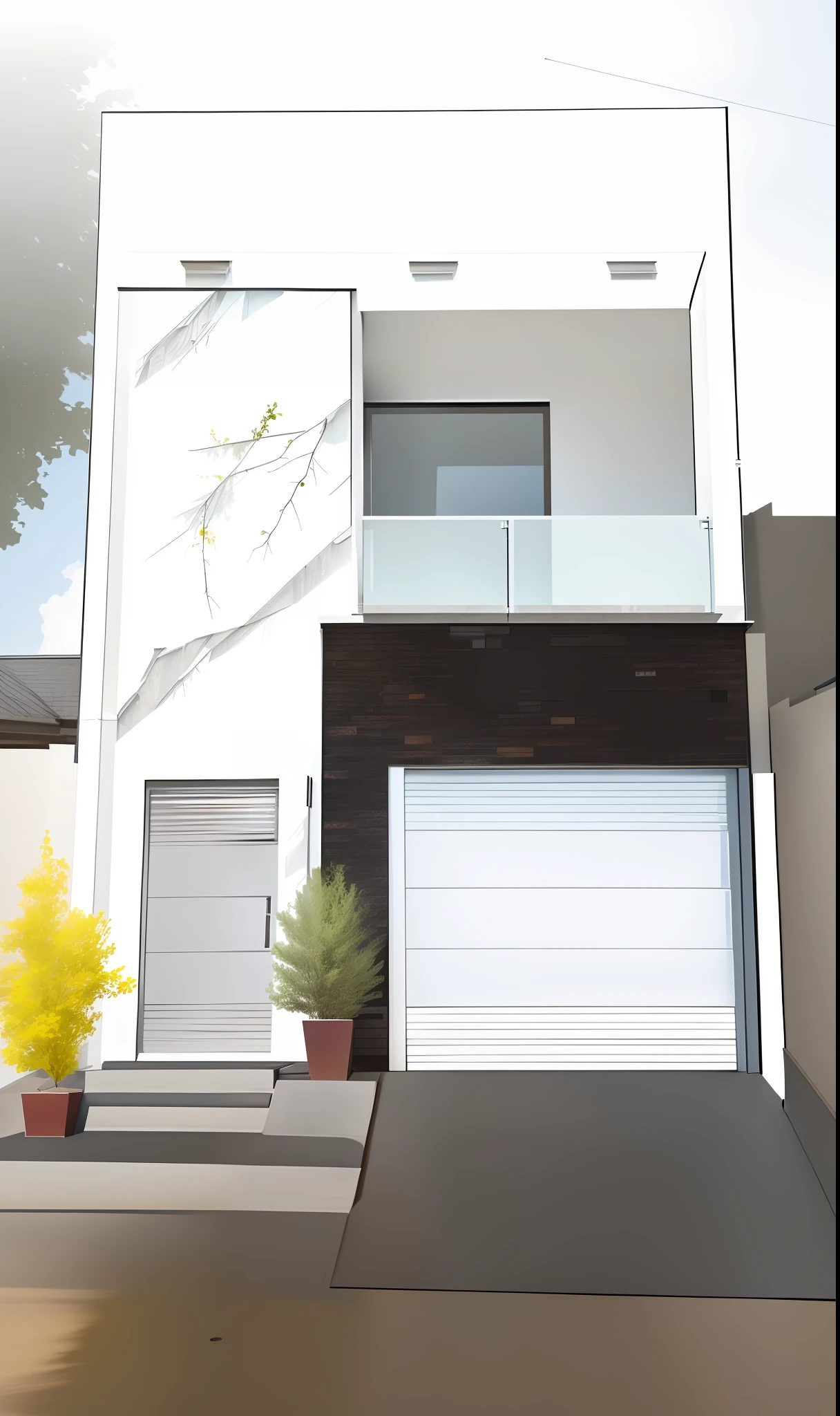 a rendering of a house with garage and staircase, front view, concept house, front view, elevation view, front image, exterior design, detailed rendering, front elevation view, front perspective, facing front, complete house, facing front!!!, perspective view, general architectural design, one house, front view, architectural concept, vision 3/4 realistic luxury finish