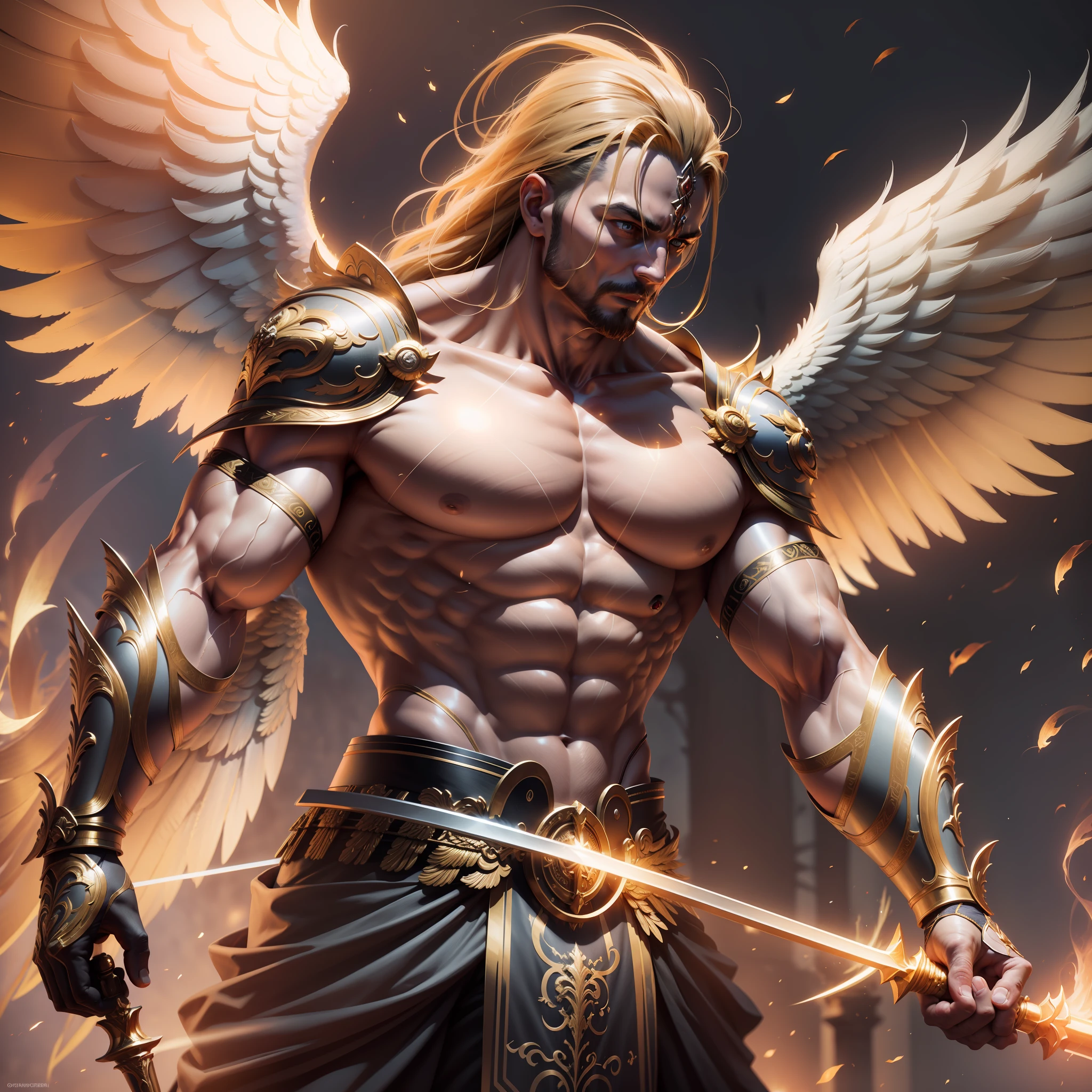 ultra realistic photo angel man warrior, golden wings, strong muscles, fire sword in hand, octane rendering, 16k UHD, high details, super detail, best quality, 8k