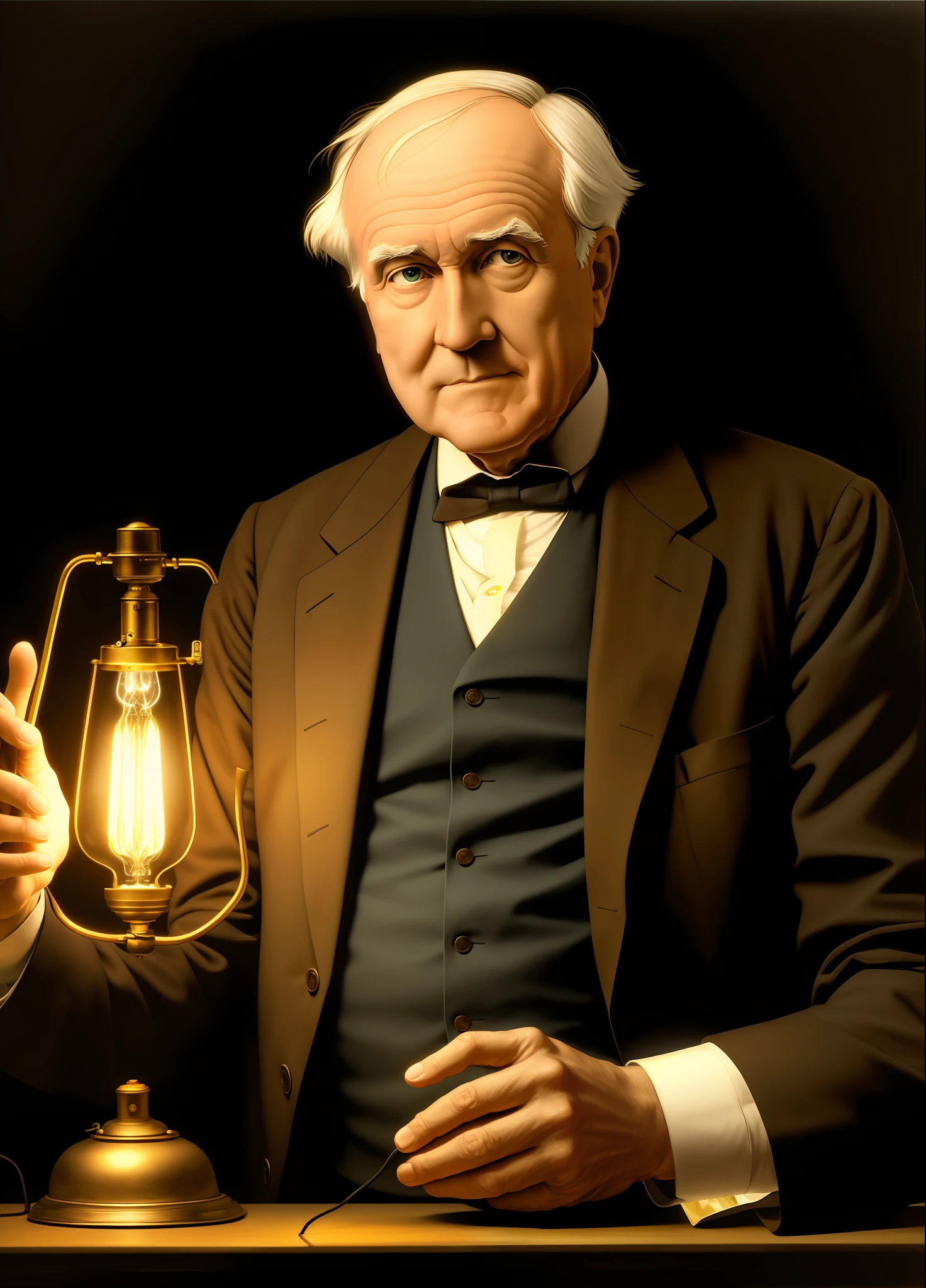 inventor of the lamp, Thomas Edison, Portrait, looking at the lamp lit in his hand, five fingers on his hands