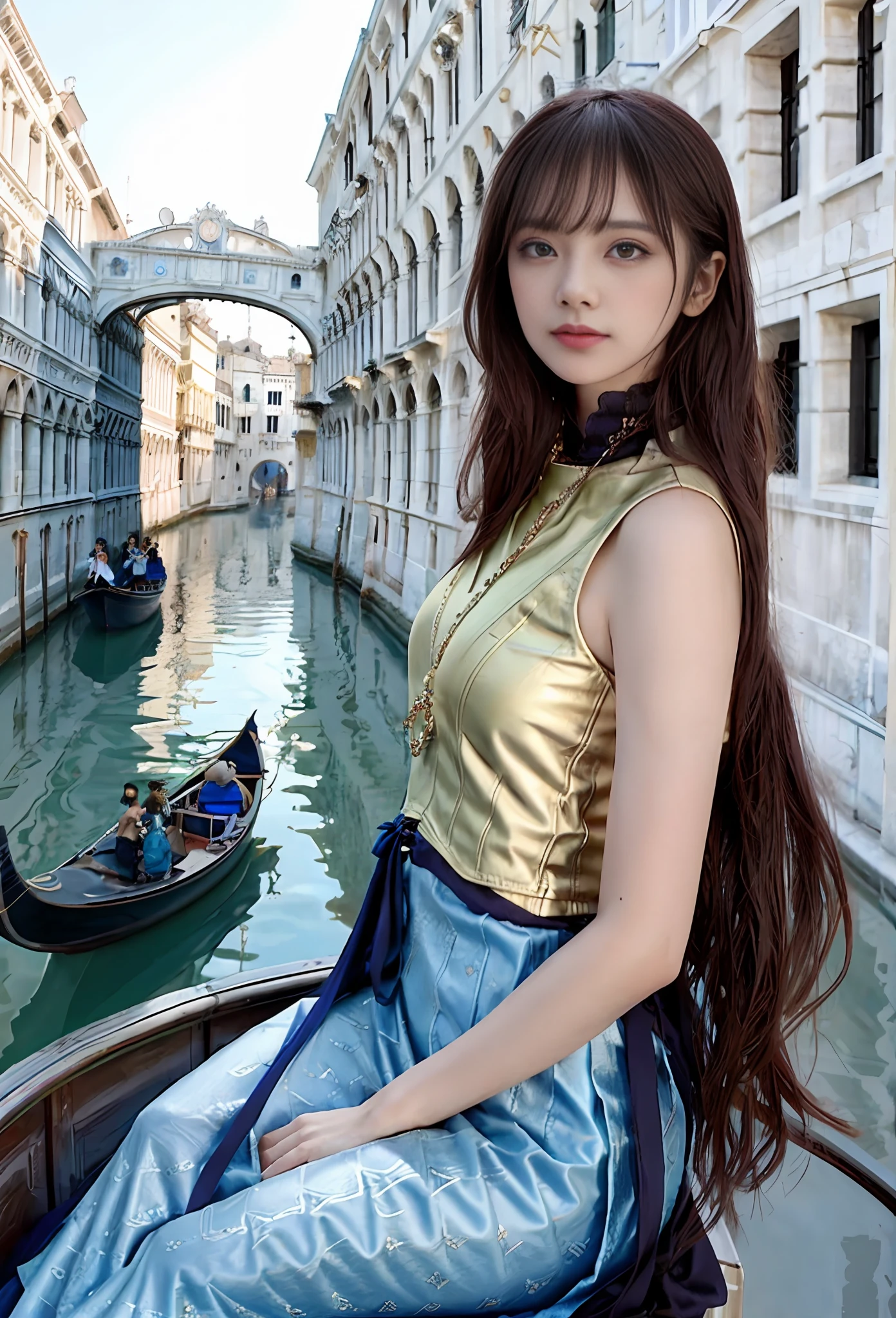 a hyper realistic ultra detailed photograph of a beautiful girl as a female 2020s dancer on the boat of 2020s Venice,(Bridge Of Sighs background),(princess eyes,shiny pupils), detailed symmetric beautiful hazel eyes, detailed gorgeous face, peaky blinders environemt, trending on cg society, bauhaus, bulgari, colourful atmosphere, official valentino editorial, moonlight, medium symmetry, neoprene, behance contest winner, portrait featured on unsplash, stylized digital art, smooth, ultra high definition, 8k, unreal engine 5, ultra sharp focus, award-winning photograph, Canon EOS 5D Mark IV DSLR, f/8, ISO 100, 1/250 second, TanvirTamim, trending on artstation, by artgerm, h. r. giger and beksinski, highly detailed, vibrant