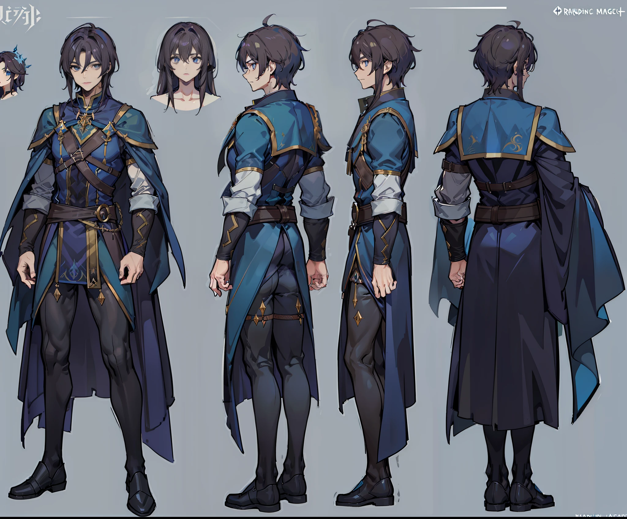 1man, reference sheet, (fantasy character design, front, back, side) manly, mage, magic user, inscripted runes, broad shoulders, tall, lean athletic build. magical blue eyes, lengthy dark brown hair, neatly kept. flowing runic robes.