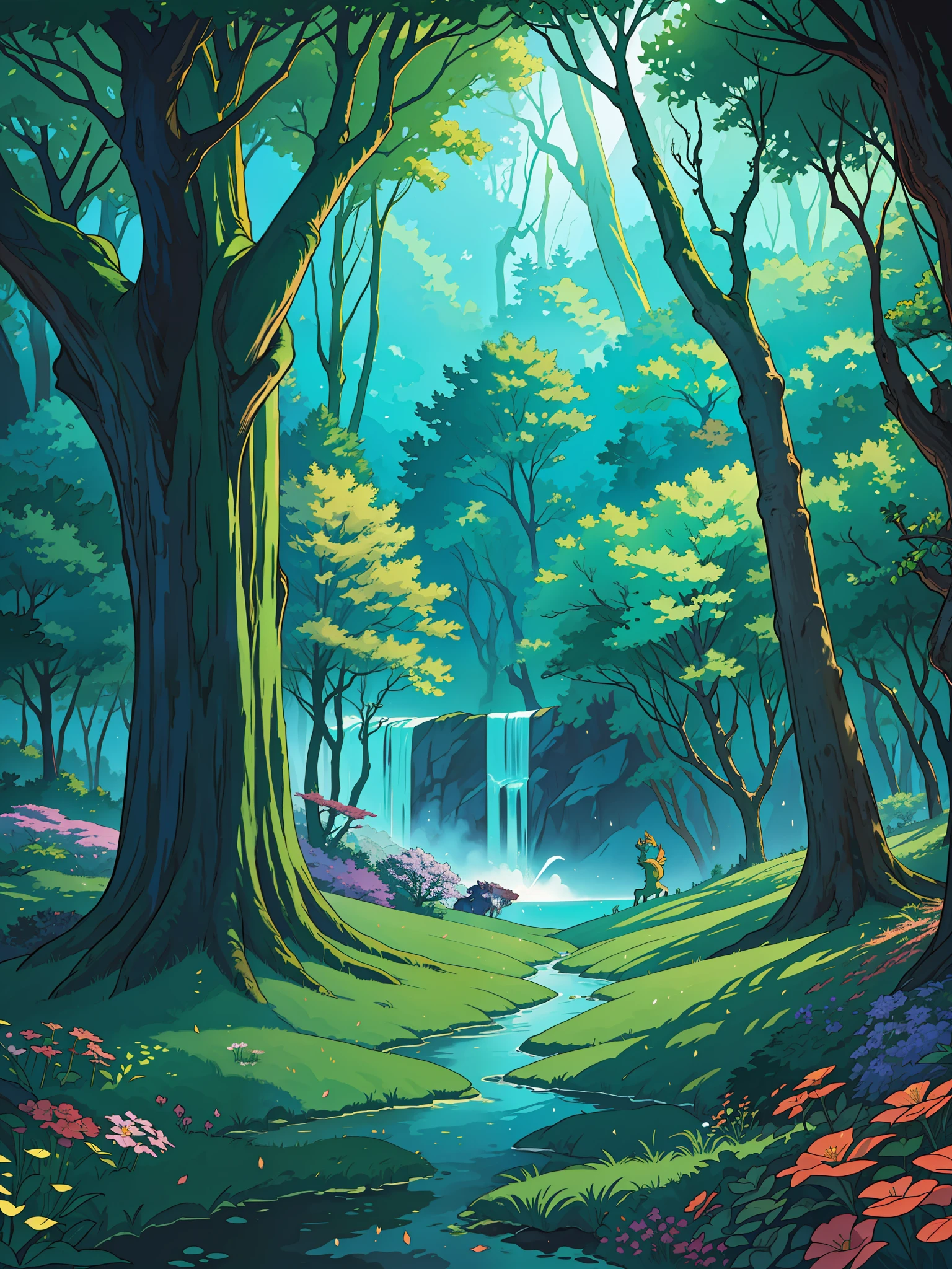 A forest, with a spectacular, fanciful entrance, an enchanted, exciting and surprising forest, huge trees, full of animals, lake, a splendid horizon, best quality, masterpiece, award-winning work, fanciful portrait, 8k, horizon of the vast magical forest, silhouette background of a glacial lion