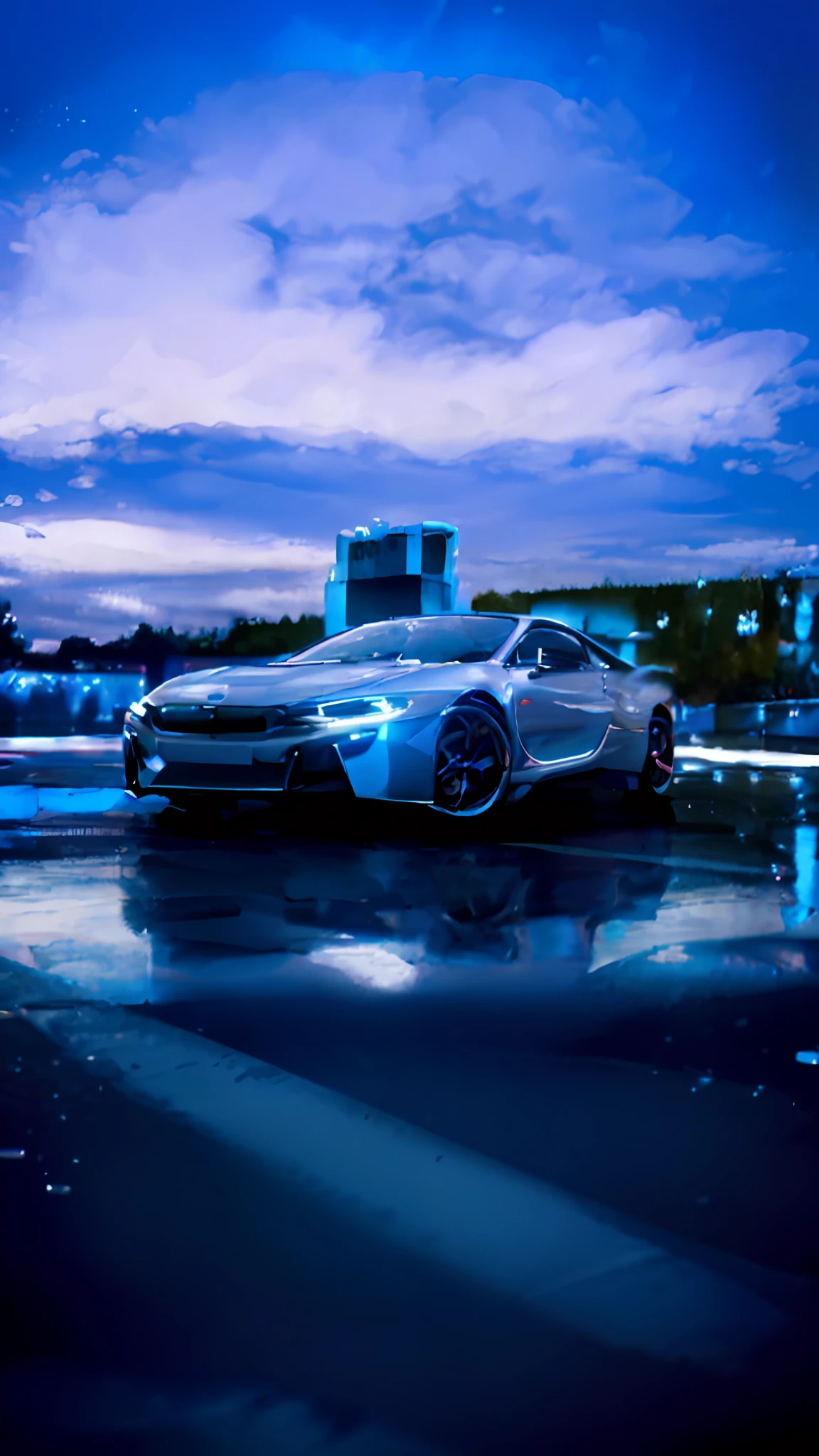A closeup of a car parked on a wet surface, chrome reflection, high quality wallpaper, car with holographic paint, high quality wallpaper, BMW I 8, mobile wallpaper, cinematic light and reflections, 4 K HD wallpaper c 1 7, vehicle photography, HQ 4k wallpaper, high quality image,  automotive photography, octane render aesthetics, amazing wallpaper, mobile wallpaper cobblestone street with a shining light, cobblestone road, by Gyula Basch, cobblestone street, cobblestones, cobblestone roads, by René Burri, edward steichen, by Brassaï, cobblestones, by Jan Kupecký, paved, by Siegfried Haas
