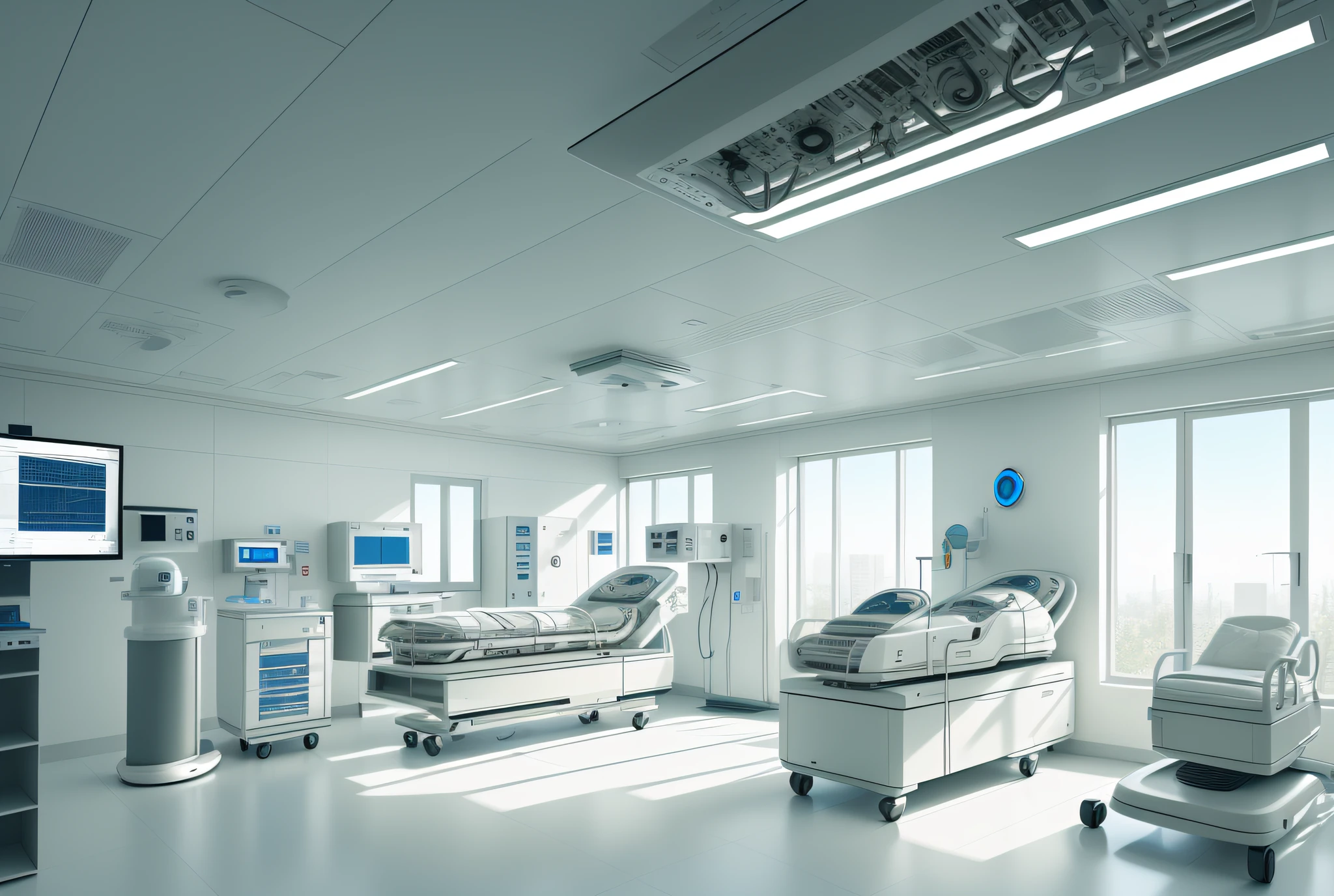 architecture design in the interior of an operating room, with doctors and patient, realistic, with artificial intelligence, futuristic and with healthcare equipment