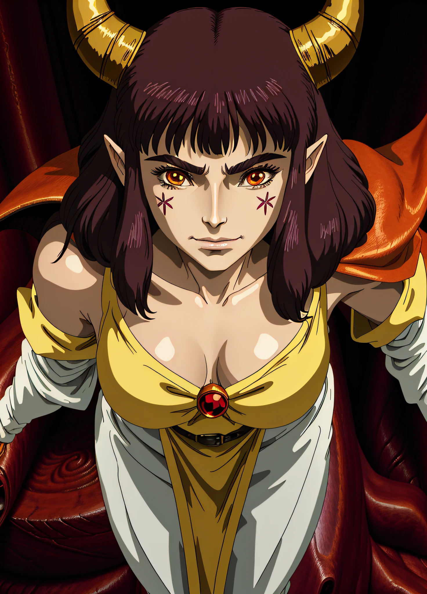 Portrait of a demonic demon princess ((with horns)), studio ghibli, ghibli style, anime solo, alfonso mucha (bright) sks woman, baphomet, large demon horns, curved horns