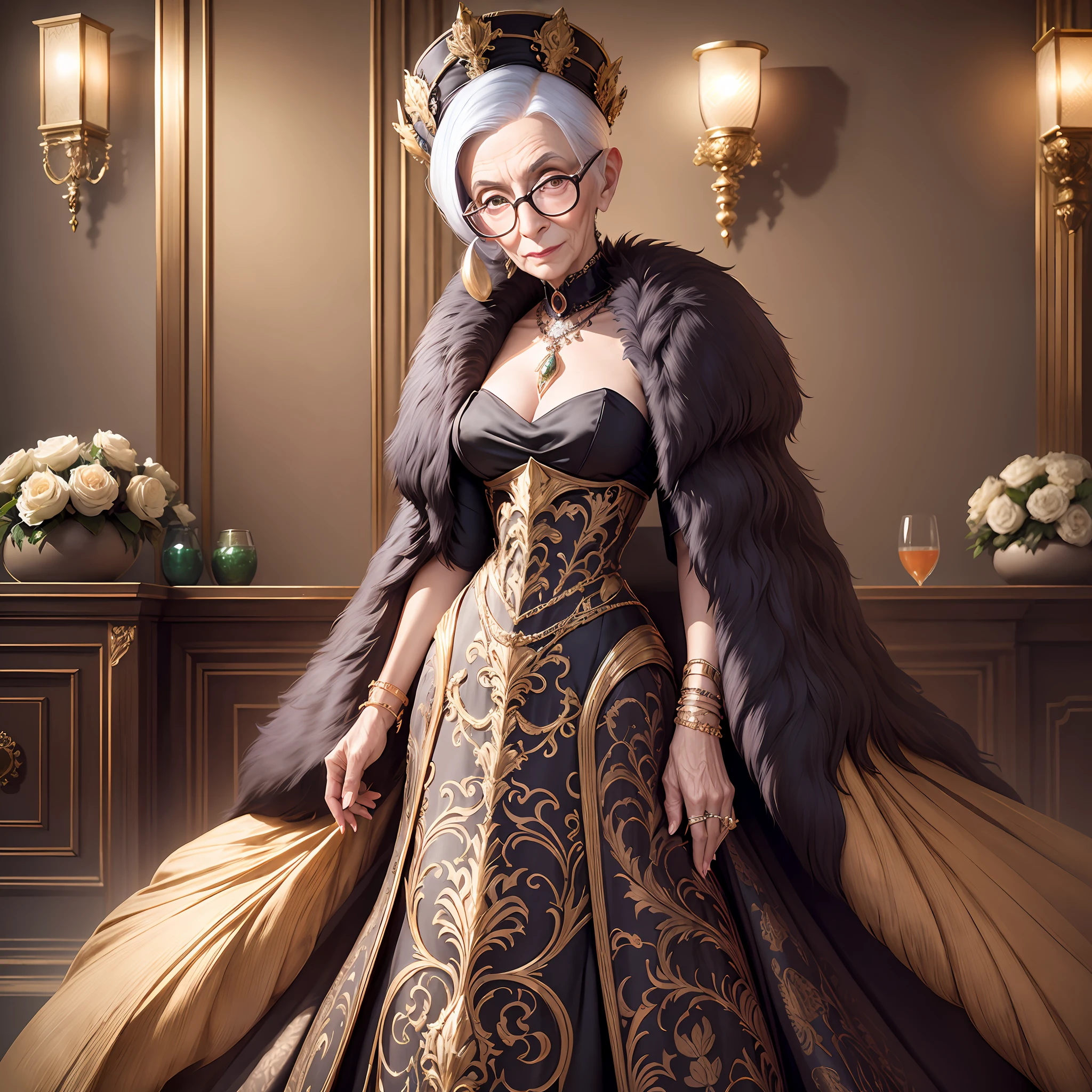 Iris Apfel, standing with a hand on a beautifully carved sideboard cabinet, wide full body portrait, wearing an elegant and sophisticated evening dress, gold jewelry and extreme glasses, Manhattan rooftop cocktail bar background, soft studio lighting, Goerz Hyperon 6.5mm f/8, photorealistic. --auto --s2