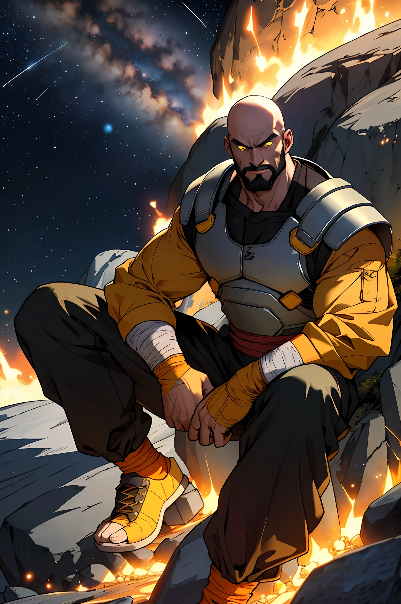 Draw a middle-aged, bald, bearded Nappa with a tracker in his ear, sitting on a rock in the middle of an asteroid belt. He's wearing yellow saiyan armor. It is surrounded by several l asteroids glowing with auras of fire. The dramatic illumination of distant stars illuminates the scene, casting deep shadows on the costume. The young man seems confident and arrogant, looking at the vast and mysterious universe with admiration and respect.