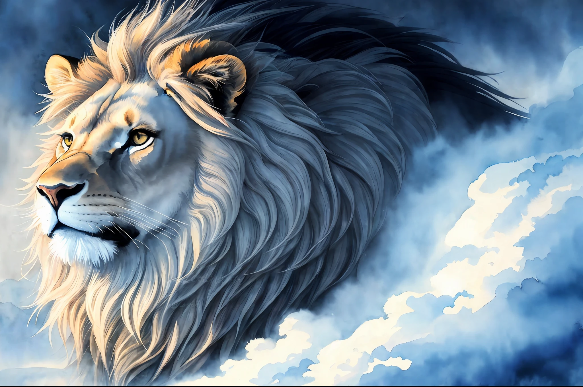 ((Best Quality)), ((masterpiece)), ((realistic cartoon)), ((perfect character)):
A mesmerizing and captivating (((watercolor illustration))) appears before you, showing a magnificent lion formed entirely of fluttering white smoke. The delicate tendrils of smoke intertwine gracefully, meticulously shaping the regal features of the lion's face, its majestic mane flowing in ethereal threads. Every detail of this lion in the form of smoke is presented with astonishing realism, as if the spirit of the lion itself had been incorporated into the delicate fog. In a setting of absolute darkness, the contrast between the white smoke lion and the black void creates a striking and dramatic effect. Get ready to be enchanted by this remarkable work of art, a true masterpiece in the realm of realistic cartoon creations.
Eye level, scenic, masterpiece.