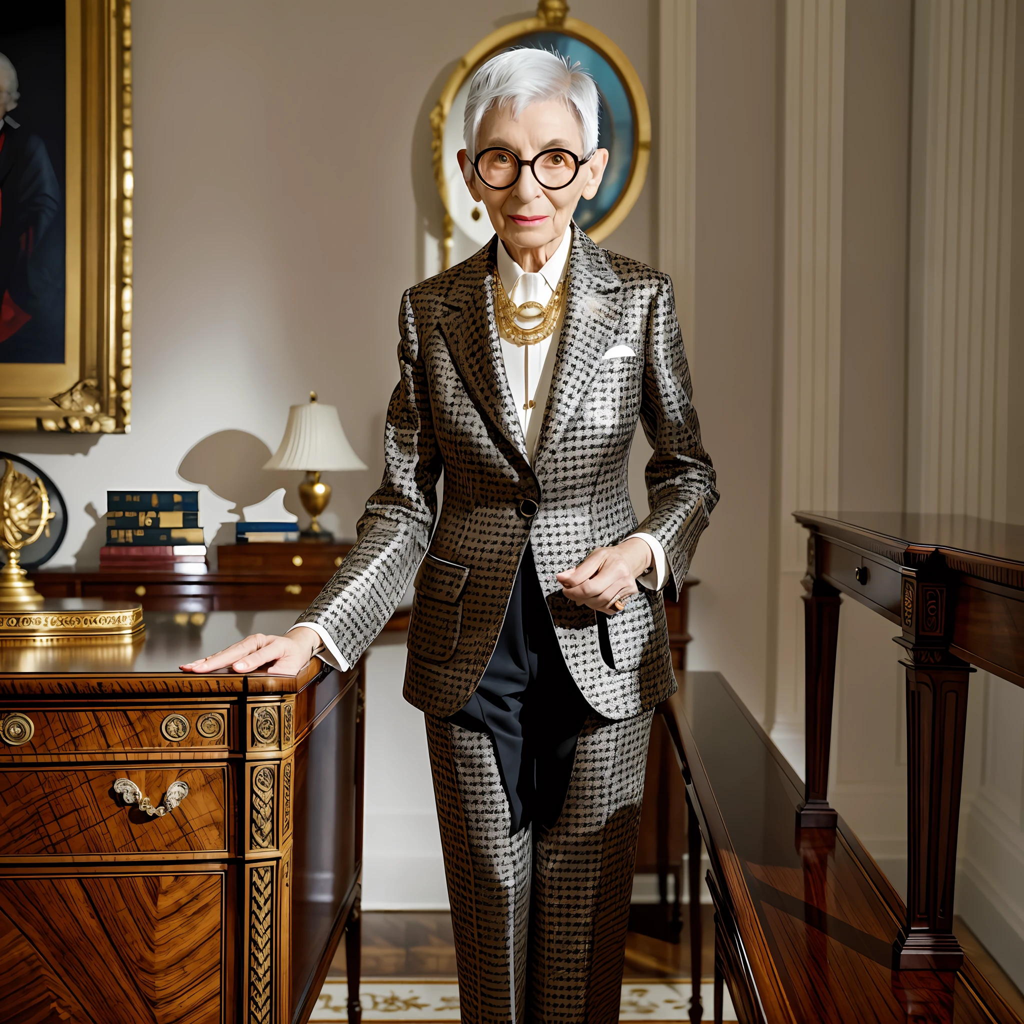 Iris Apfel, standing with a hand on a large mahogany desk with reading light, wide full body portrait, wearing an elegant and sophisticated suit, minimal gold jewelry, black horn rim glasses, White House Oval Office background, soft studio lighting, Goerz Hyperon 6.5mm f/8, photorealistic. --auto --s2