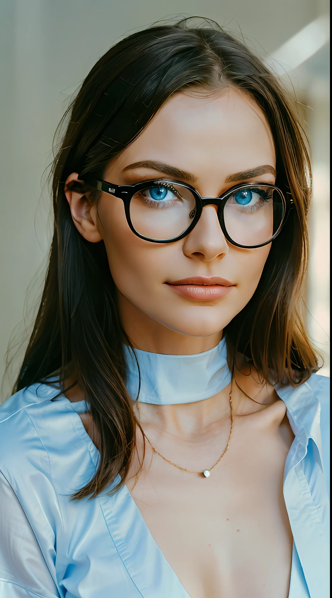 Immerse yourself in the striking realism of a photograph capturing the essence of a beautiful woman with captivating blue eyes. Wearing glasses, she exudes intelligence and sophistication. The image, taken in 2023, portrays a minimalistic backdrop, allowing the woman's features to take center stage. Photography, 35mm lens