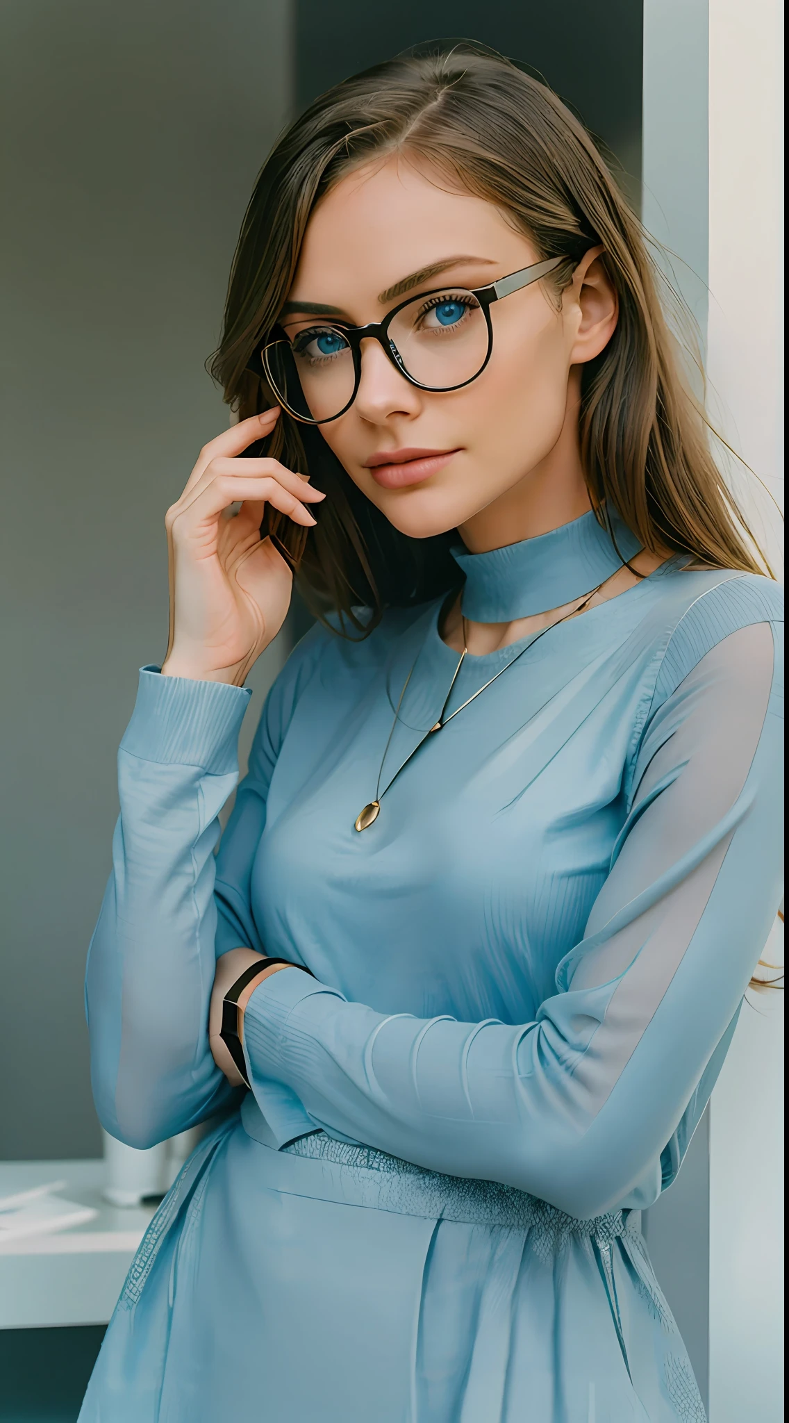Immerse yourself in the striking realism of a photograph capturing the essence of a beautiful woman with captivating blue eyes. Wearing glasses, she exudes intelligence and sophistication. The image, taken in 2023, portrays a minimalistic backdrop, allowing the woman's features to take center stage. Photography, 35mm lens
