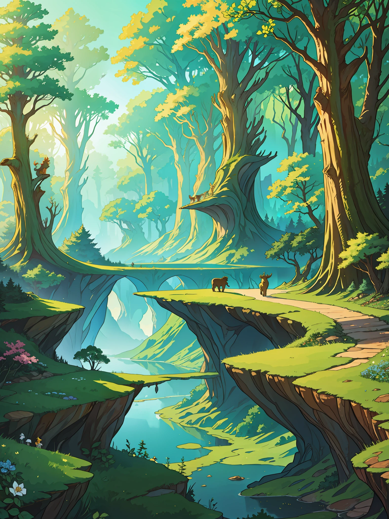 A forest, with a spectacular, fanciful entrance, an enchanted, exciting and surprising forest, huge trees, full of animals, lake, a splendid horizon, best quality, masterpiece, award-winning work, fanciful portrait, 8k, horizon of the vast magical forest, mythological lion background