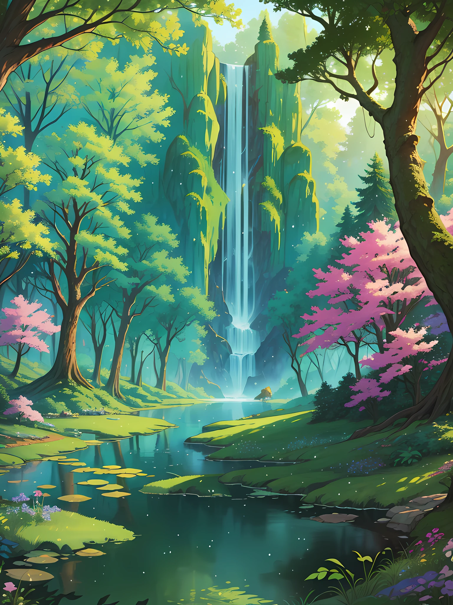 A forest, with a spectacular, fanciful entrance, an enchanted, exciting and surprising forest, huge trees, full of animals, lake, a splendid horizon, best quality, masterpiece, award-winning work, fanciful portrait, 8k, horizon of the vast magical forest, mythological lion background