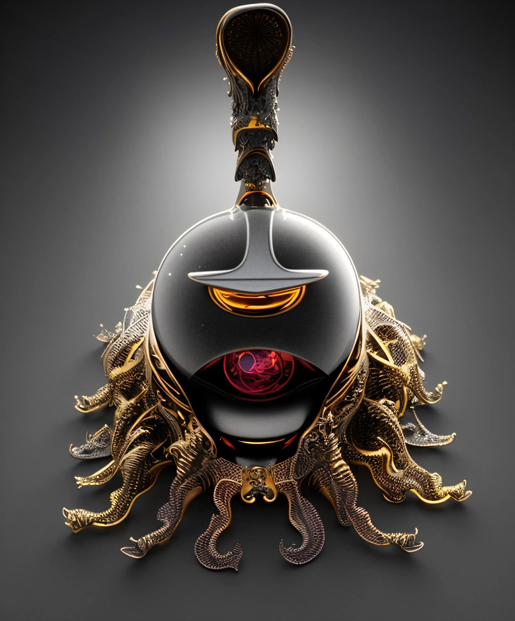 a close up of a bottle with a strange looking design on it, rendered in keyshot, octance render, d & d beholder, dmt imagery. octane render, greg rutkowski. octane render, art nouveau octane render, inspired by Petros Afshar, dan mcpharlin : : ornate, 3 d sculpture octane render 8 k
