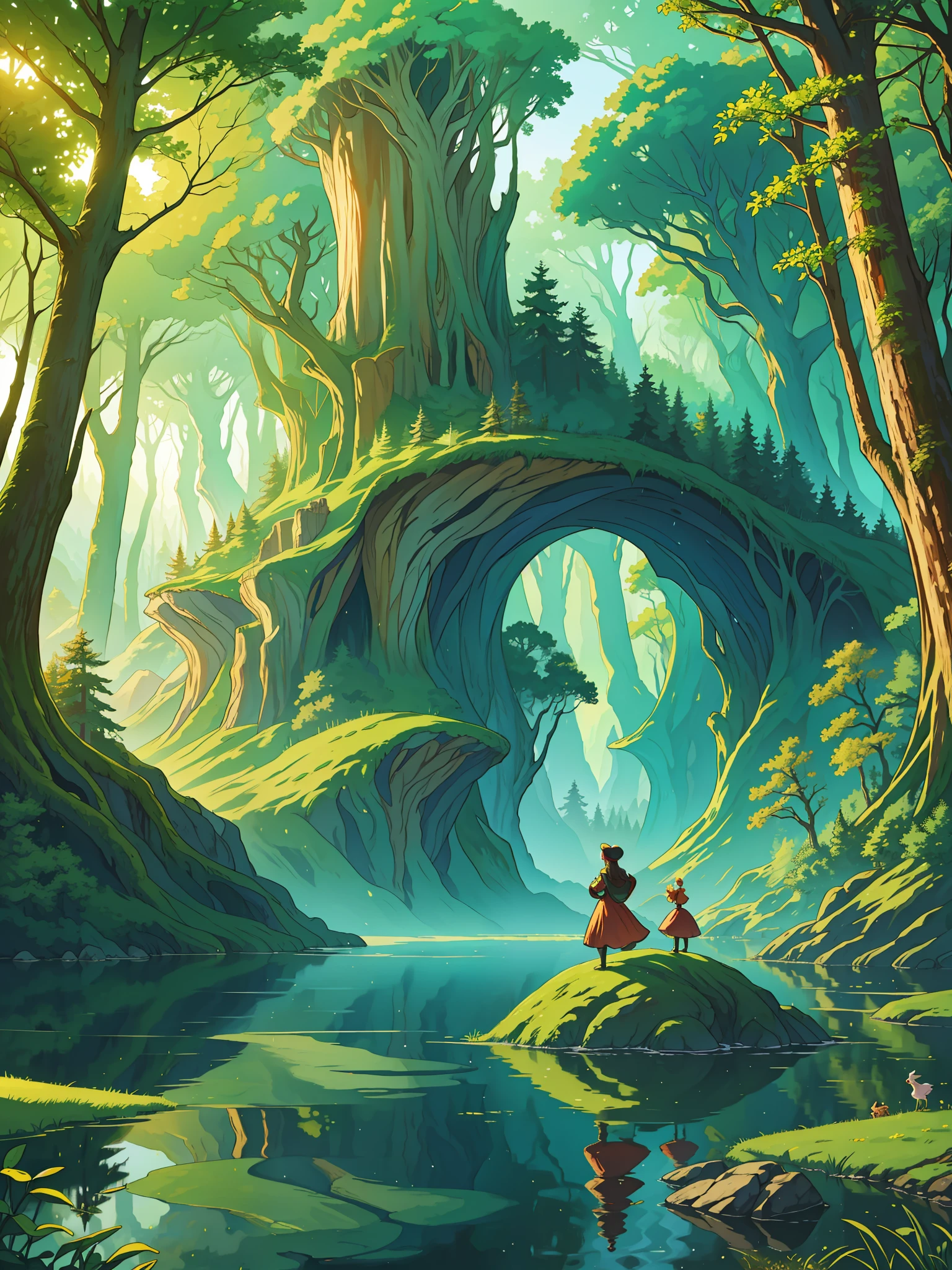 A forest, with a spectacular, fanciful entrance, an enchanted, exciting and surprising forest, huge trees, full of animals, lake, a splendid horizon, best quality, masterpiece, award-winning work, fanciful portrait, 8k, horizon of the vast magical forest