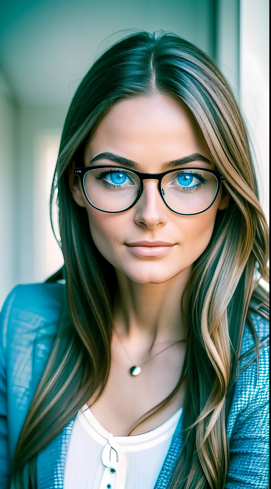 Immerse yourself in the striking realism of a photograph capturing the essence of a beautiful woman with captivating blue eyes. Wearing glasses, she exudes intelligence and sophistication. The image, taken in 2023, portrays a minimalistic backdrop, allowing the woman's features to take center stage. Photography, 35mm lens