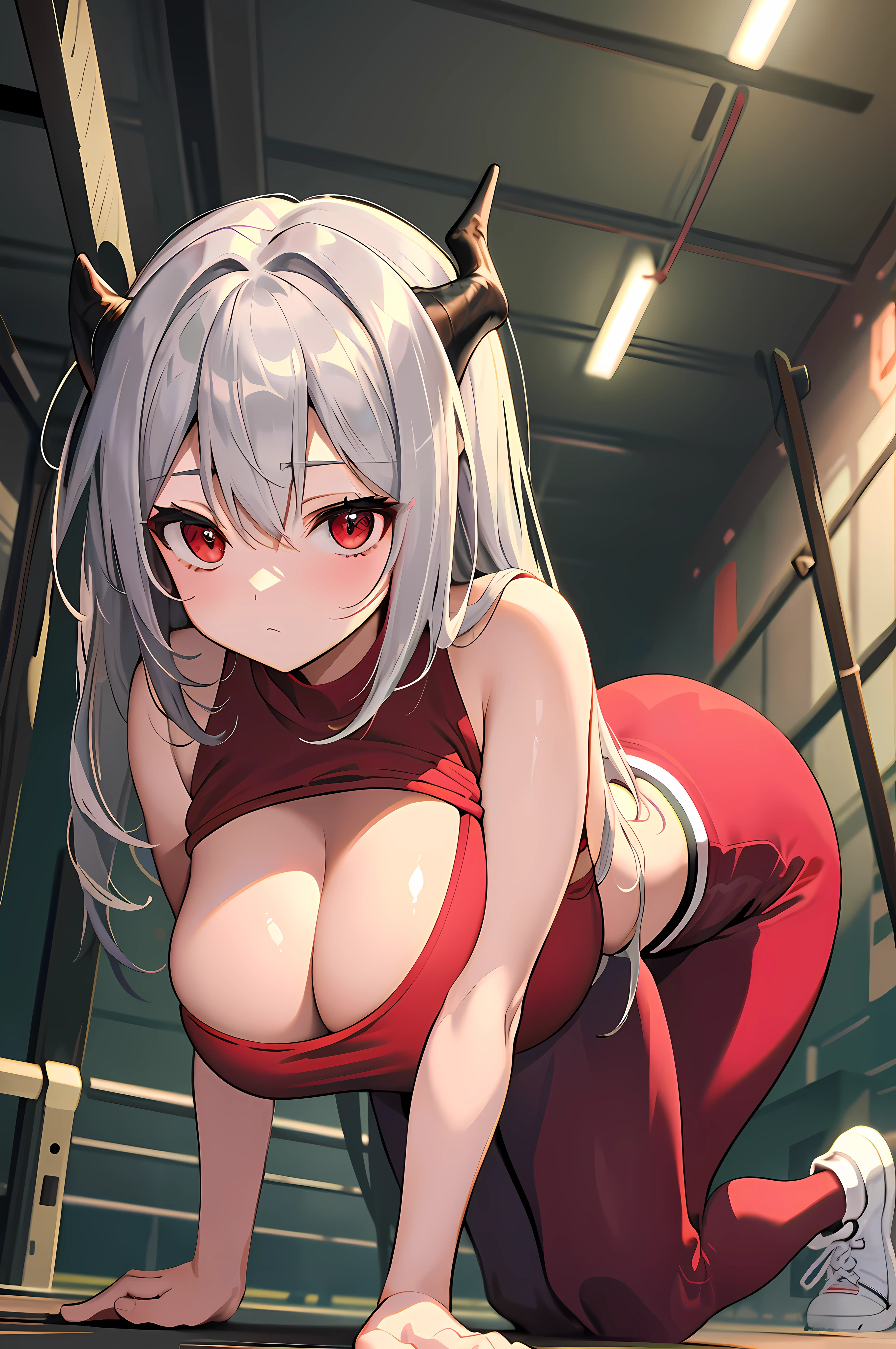 masterpiece, top quality, high_resolution, fine details, very detailed and beautiful, distinct_image, 1 girl, solo, silver-haired, red eyes, dragon horns, (huge breasts), (),(from below),curvy,on all fours,(dimly lit warehouse),steam,((gym clothes)),