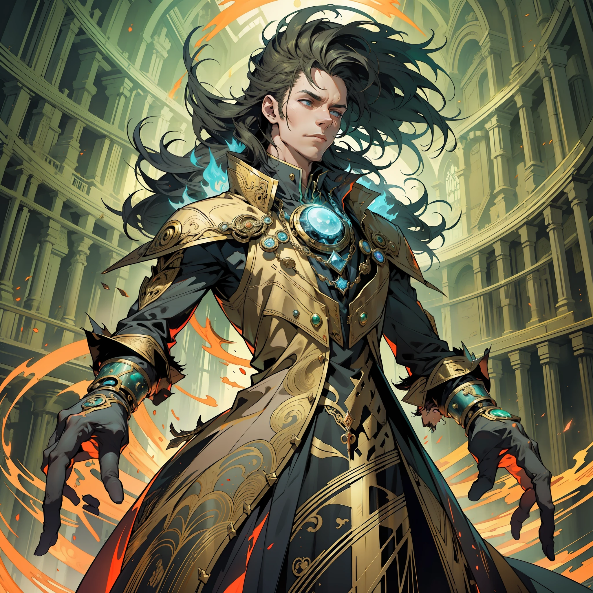 Create an image of a magician in a magical and futuristic setting. The magician must be wearing a splendid costume in the combination of green and gold, with technological details and elements that make it a unique and advanced costume. Its appearance should be majestic and enigmatic, conveying power and wisdom.

In the hands of the mage, place intense and vivid red flames, which seem to burn with an uncontrollable magical power. The flames should stand out with bright and luminous details, radiating heat and energy.

The backdrop can be a mystical sanctuary, an enchanted forest or an exotic planet, with landscapes that highlight the magical power of the character. Feel free to add magical details and futuristic elements to the environment, making it visually fascinating.

The magician must be in a confident and imposing pose, showing his connection to the mystical energies by controlling the red flames with skill and dexterity.

Let your imagination flow to create a stunning and captivating image of the wizard that depicts all of his magical power in a futuristic context.