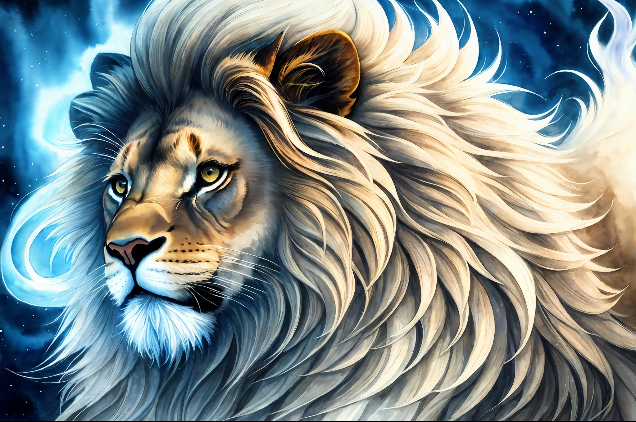 ((Best Quality)), ((masterpiece)), ((realistic cartoon)), ((perfect character)):
A mesmerizing and captivating (((watercolor illustration))) appears before you, showing a magnificent lion formed entirely of fluttering white smoke. The delicate tendrils of smoke intertwine gracefully, meticulously shaping the regal features of the lion's face, its majestic mane flowing in ethereal threads. Every detail of this lion in the form of smoke is presented with astonishing realism, as if the spirit of the lion itself had been incorporated into the delicate fog. In a setting of absolute darkness, the contrast between the white smoke lion and the black void creates a striking and dramatic effect. Get ready to be enchanted by this remarkable work of art, a true masterpiece in the realm of realistic cartoon creations.
Eye level, scenic, masterpiece.