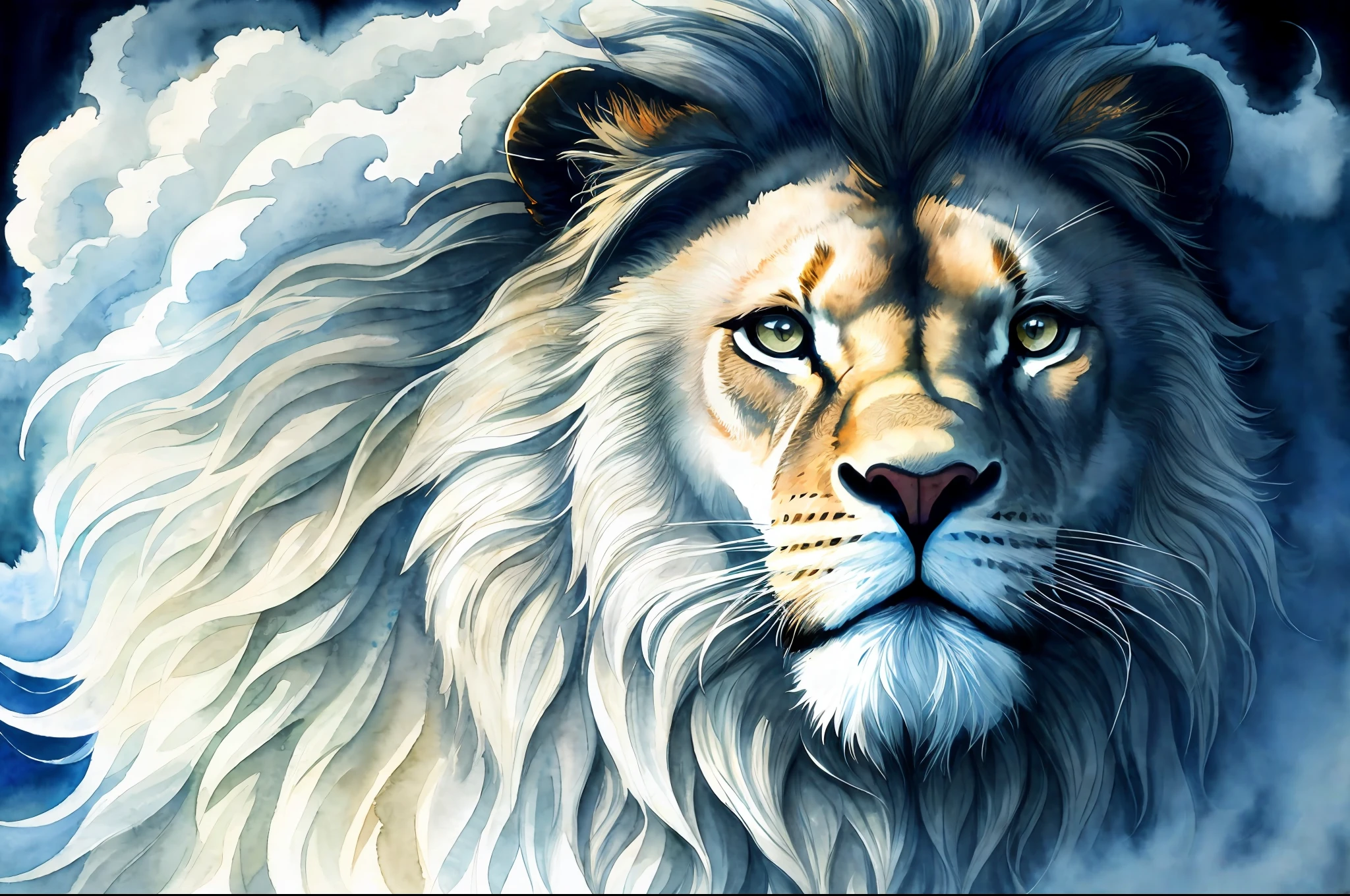 ((Best Quality)), ((masterpiece)), ((realistic cartoon)), ((perfect character)):
A mesmerizing and captivating (((watercolor illustration))) appears before you, showing a magnificent lion formed entirely of fluttering white smoke. The delicate tendrils of smoke intertwine gracefully, meticulously shaping the regal features of the lion's face, its majestic mane flowing in ethereal threads. Every detail of this lion in the form of smoke is presented with astonishing realism, as if the spirit of the lion itself had been incorporated into the delicate fog. In a setting of absolute darkness, the contrast between the white smoke lion and the black void creates a striking and dramatic effect. Get ready to be enchanted by this remarkable work of art, a true masterpiece in the realm of realistic cartoon creations.
Eye level, scenic, masterpiece.