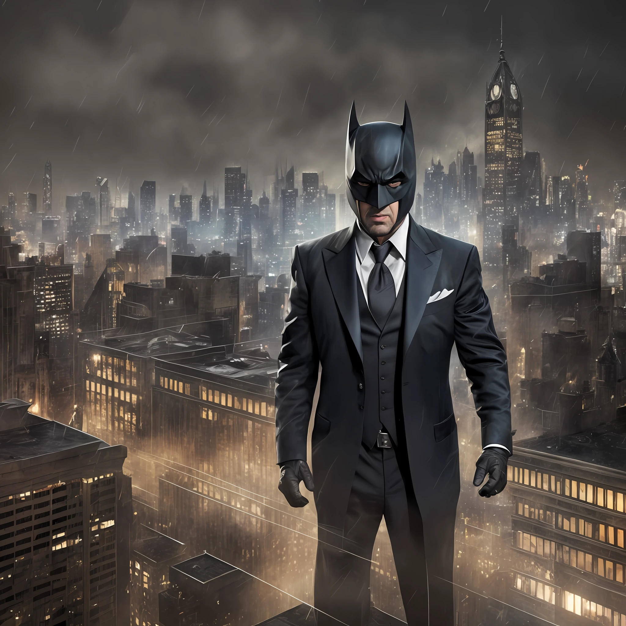 Create a ((best quality)), ((masterpiece)), ((realistic)) digital painting of Al Pacino as Batman, standing confidently on a Gotham City rooftop at night. The artwork should capture the cinematic realism style of Christopher Nolan, showcasing the moody and dramatic lighting of an urban cityscape. The portrayal should be a full-body portrait, with Al Pacino's Batman exuding a sense of power and determination. The color scheme should consist of dark and gritty tones, reflecting the dark nature of Gotham City. The artwork should be created using realistic CGI, ensuring a high definition depiction with a high level of detail. The final result should be a scenic masterpiece. --auto --s2