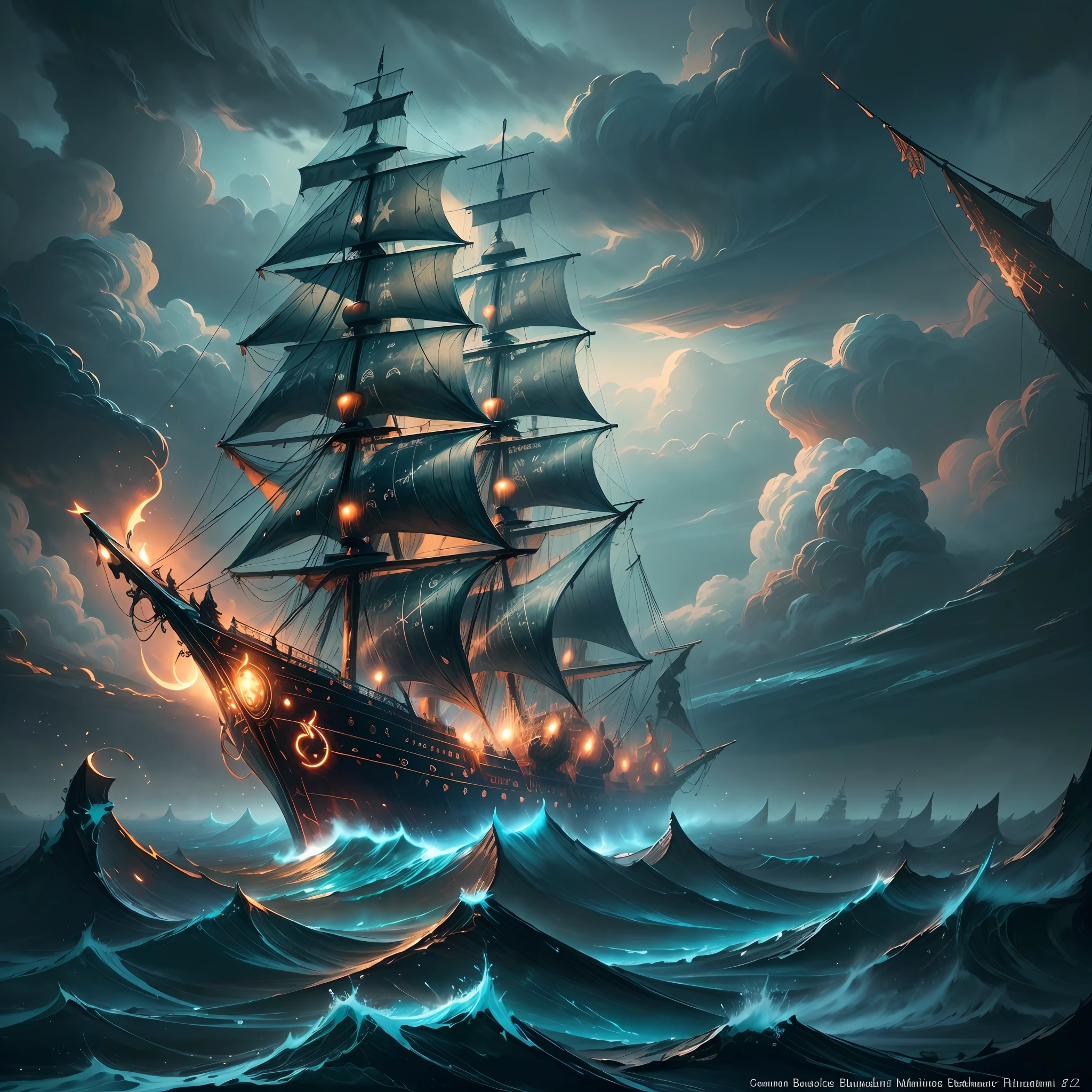 Ocean ship painting with dark night background, detailed cover artwork, amazing wallpapers, pirate ship, gothic ship of the sea, highly detailed digital art in 4k, burning ship inspired by Gaston Buzier, Roman Baezparkif, detailed painting 4k, flying birds, --auto --s2