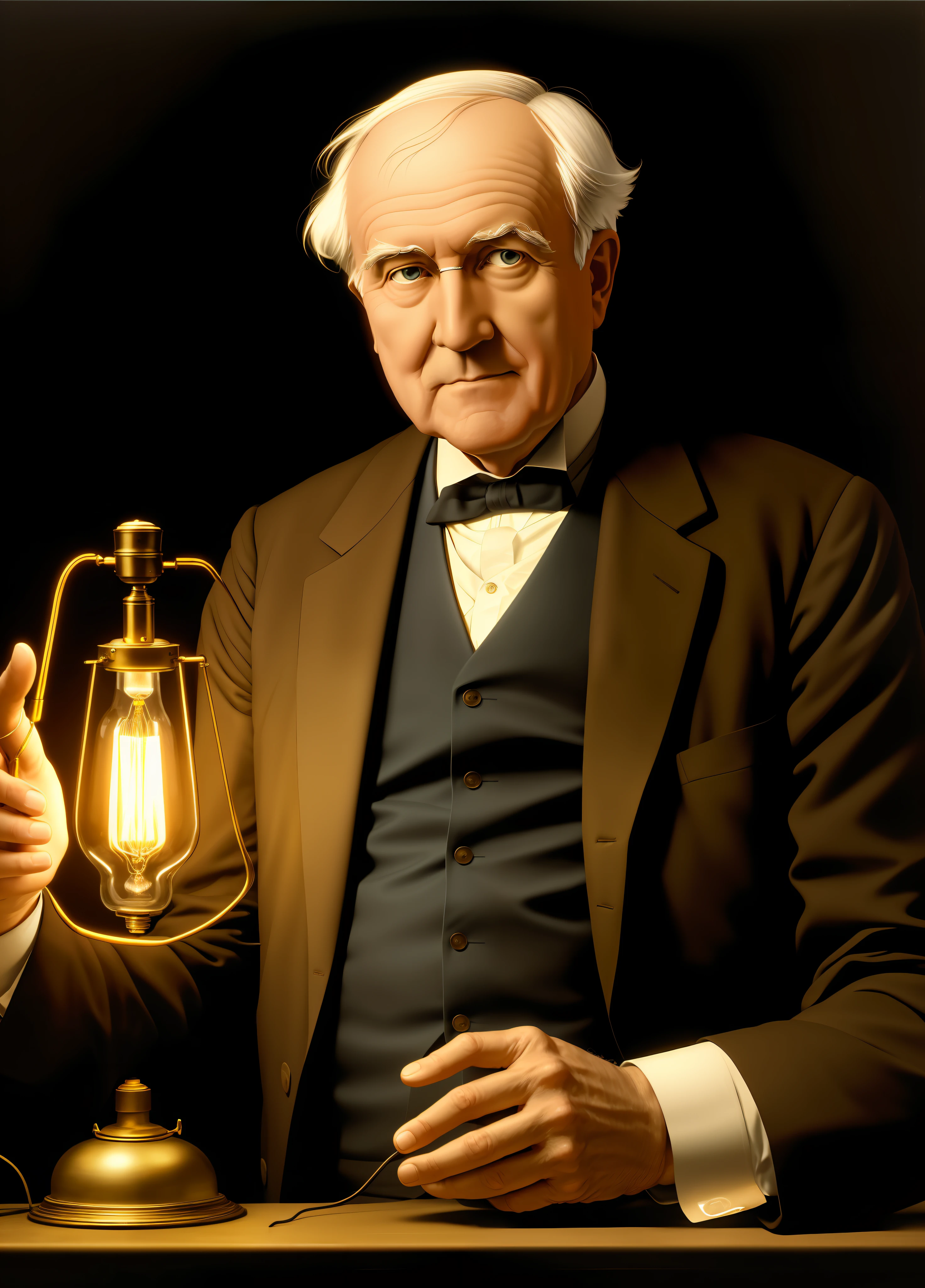 inventor of the lamp, Thomas Edison, Portrait, looking at the lamp lit in his hand, five fingers on his hands