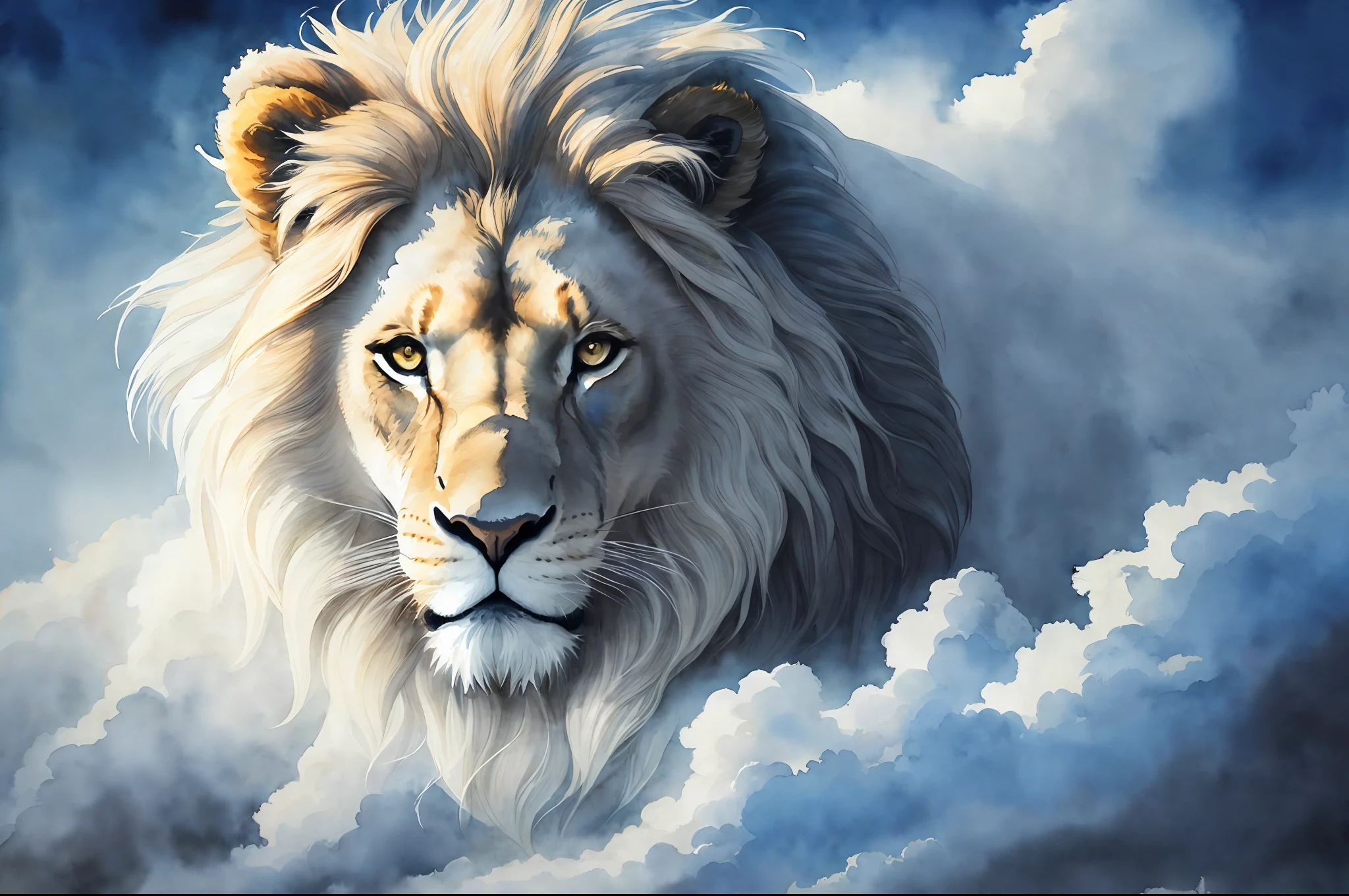 A mesmerizing and captivating (((watercolor illustration))) appears before you, showing a magnificent lion formed entirely of fluttering white smoke. The delicate tendrils of smoke intertwine gracefully, meticulously shaping the regal features of the lion's face, its majestic mane flowing in ethereal threads. Every detail of this lion in the form of smoke is presented with astonishing realism, as if the spirit of the lion itself had been incorporated into the delicate fog. In a setting of absolute darkness, the contrast between the white smoke lion and the black void creates a striking and dramatic effect. Get ready to be enchanted by this remarkable work of art, a true masterpiece in the realm of realistic cartoon creations.

Eye level, scenic, masterpiece.