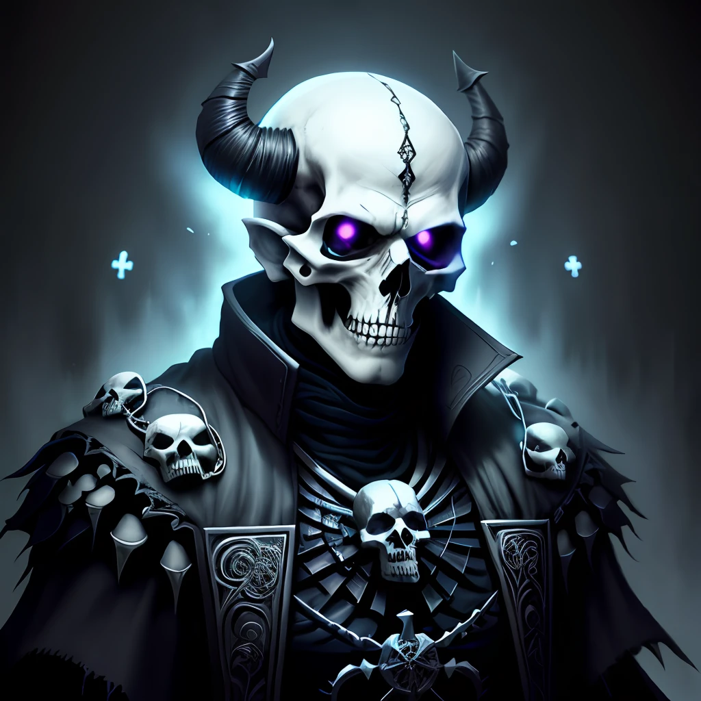 Necromancer with skulls on his shoulders, detailed clothes, dark and vivid colors, dark background