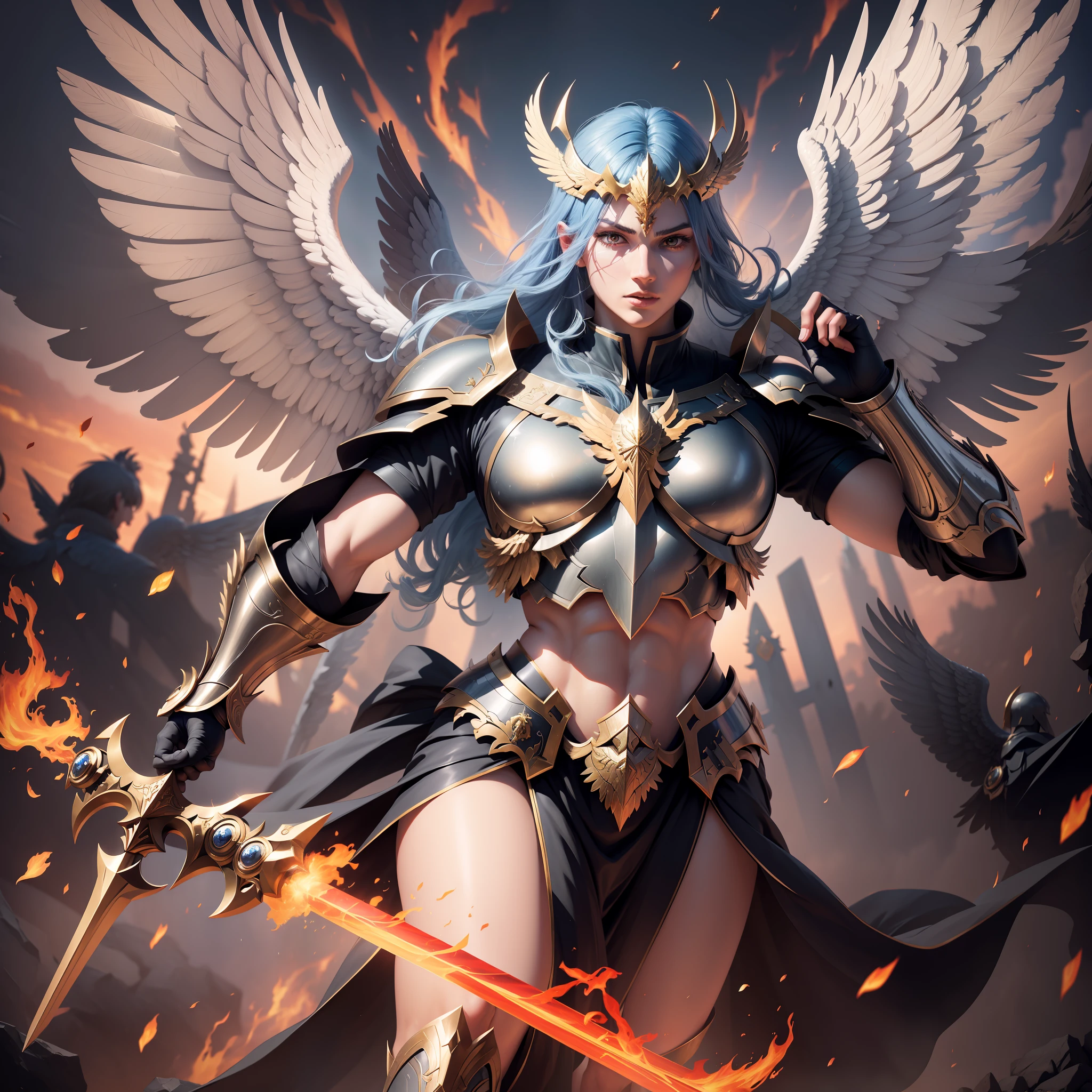 Create an image of an archangel with four large wings who is leading an army of angels to fight the forces of evil in an epic battle. He has a flaming sword in one hand and a shield in the other, and his face is determined and courageous. UHD, high details, super detail, best quality, 8k